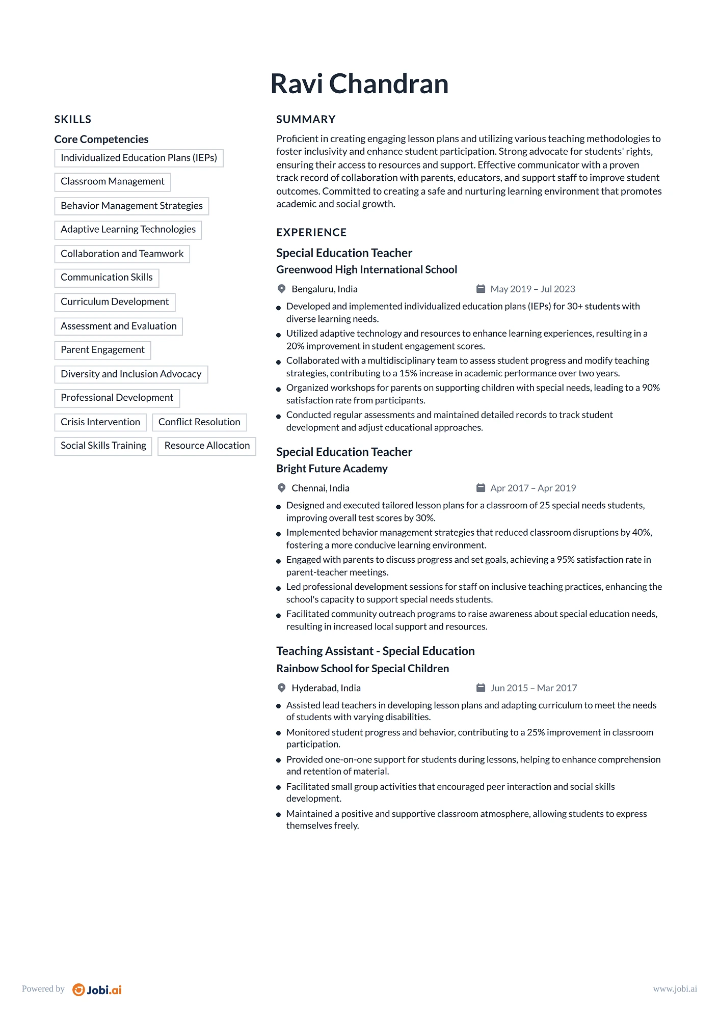 Substitute Teacher resume example — Special Education Teacher