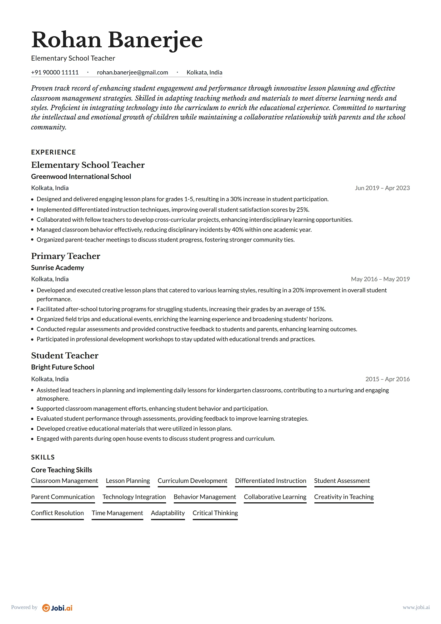 Substitute Teacher resume example — Elementary School Teacher