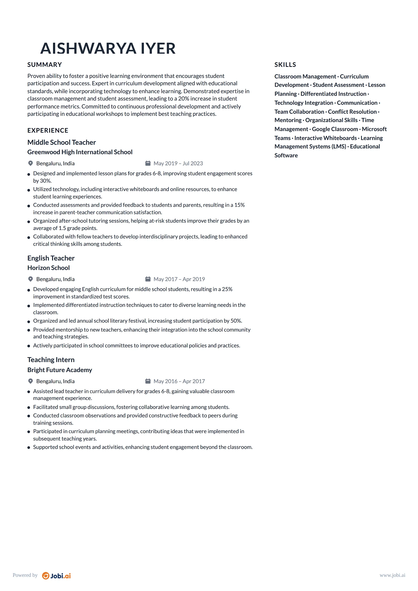 Substitute Teacher resume example — Middle School Teacher