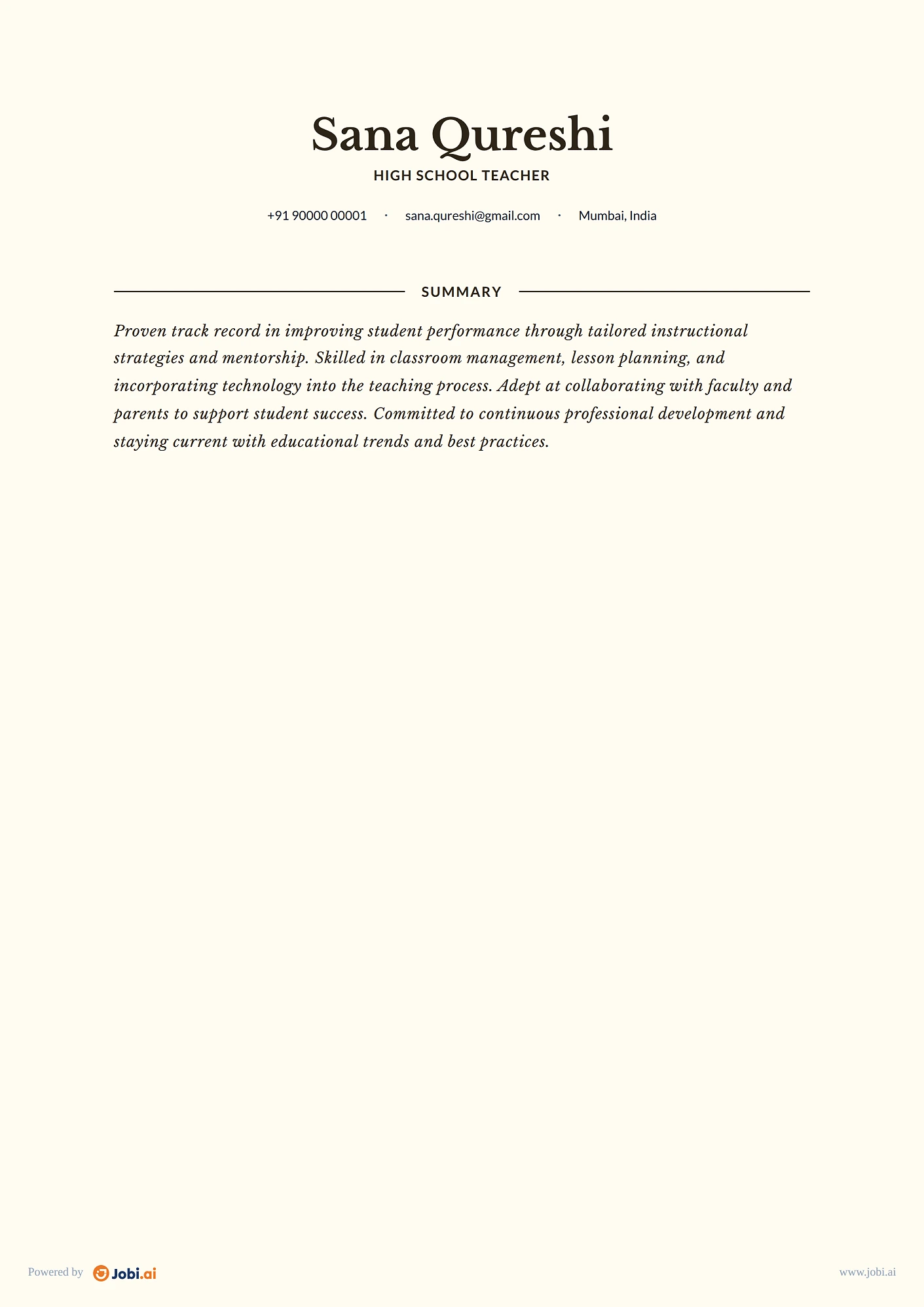 Substitute Teacher resume example — High School Teacher