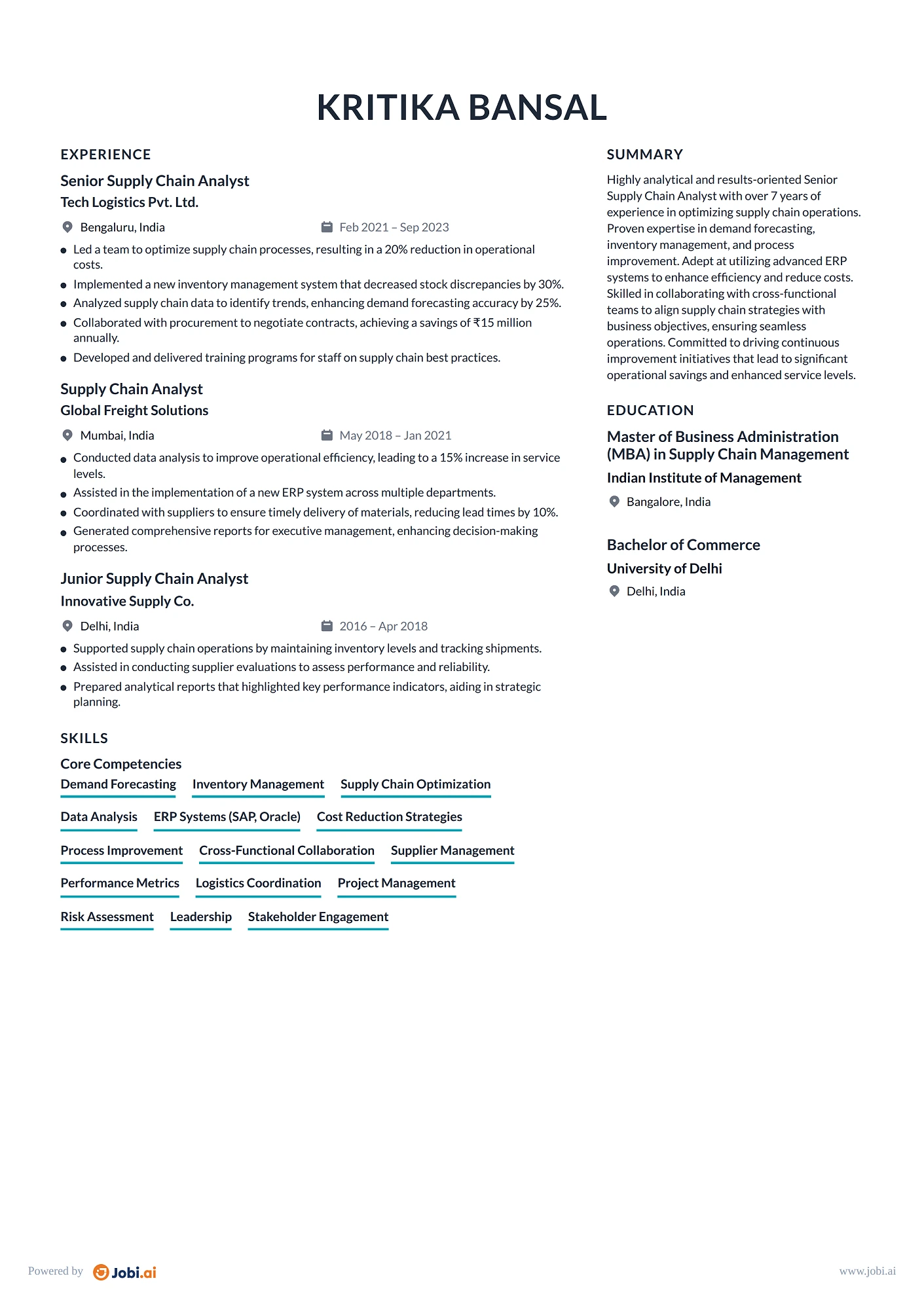 Supply Chain Manager resume example — Senior Supply Chain Analyst