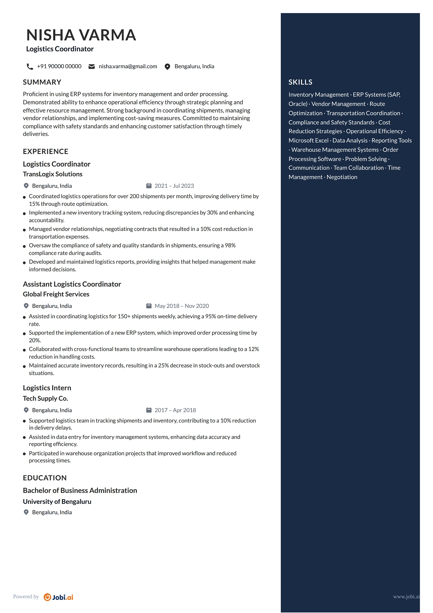 Supply Chain Manager resume example — Logistics Coordinator