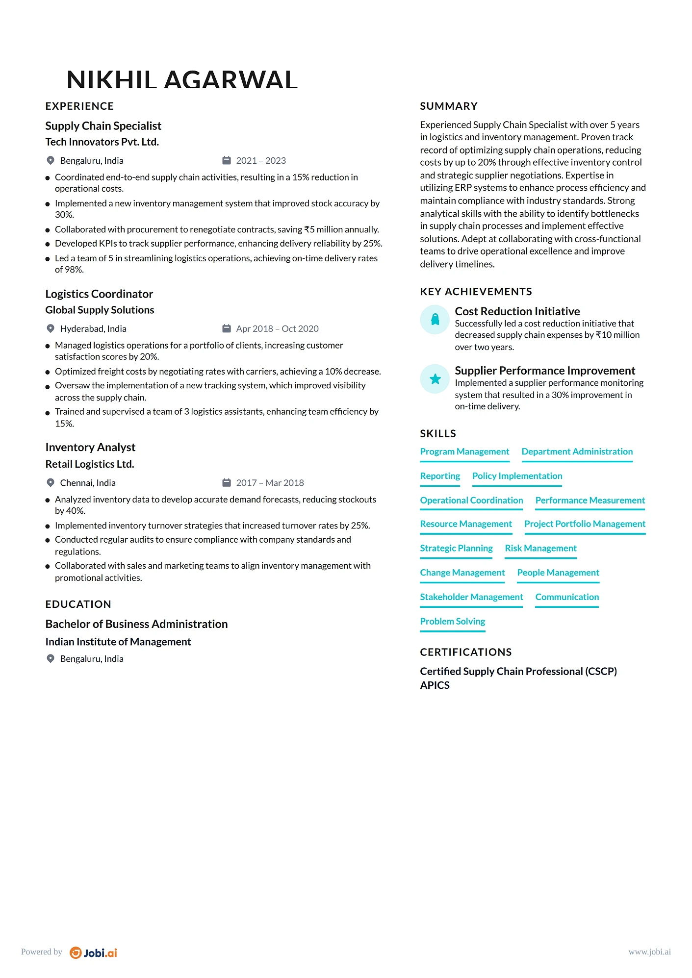 Supply Chain Manager resume example — Supply Chain Specialist
