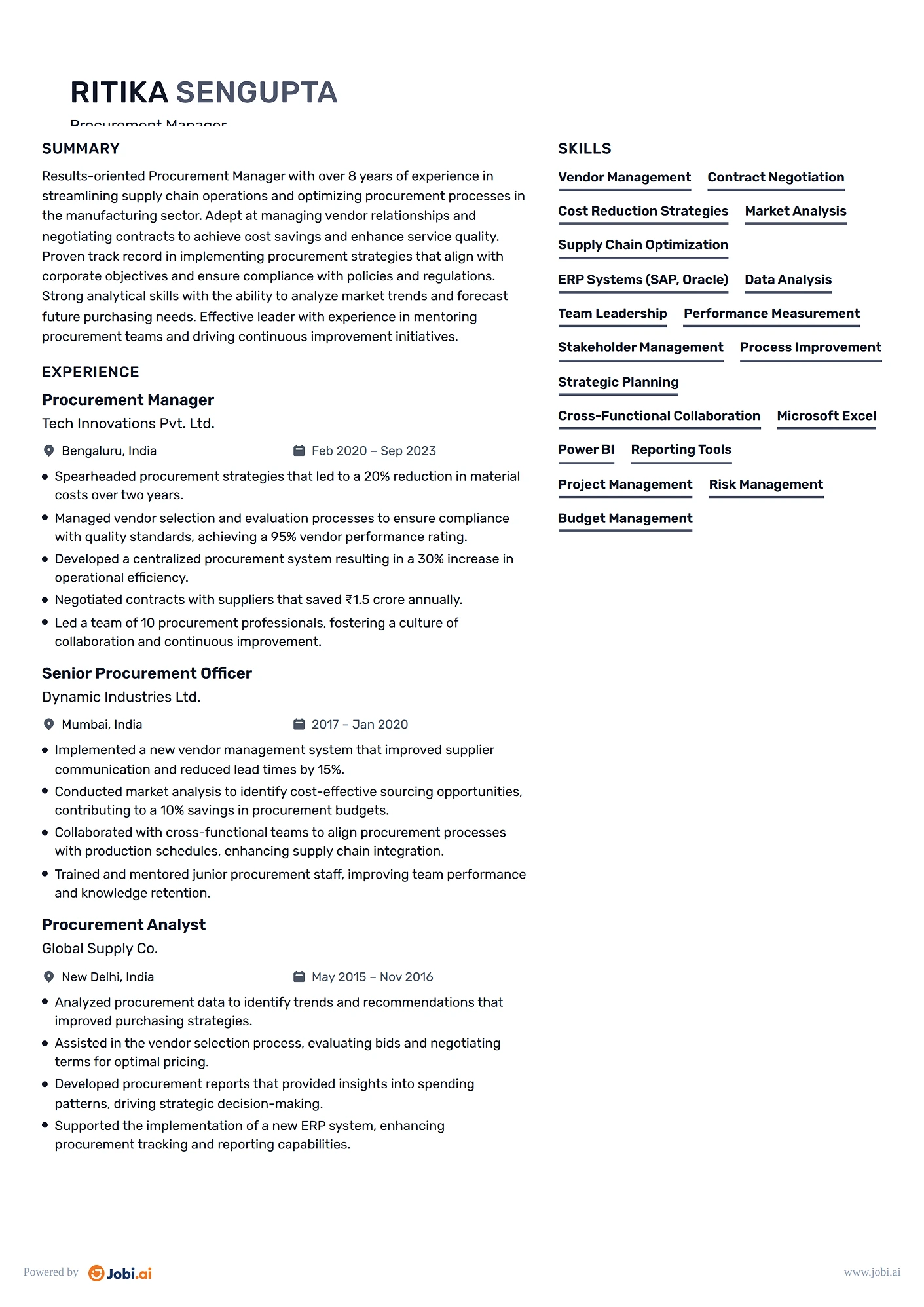 Supply Chain Manager resume example — Procurement Manager