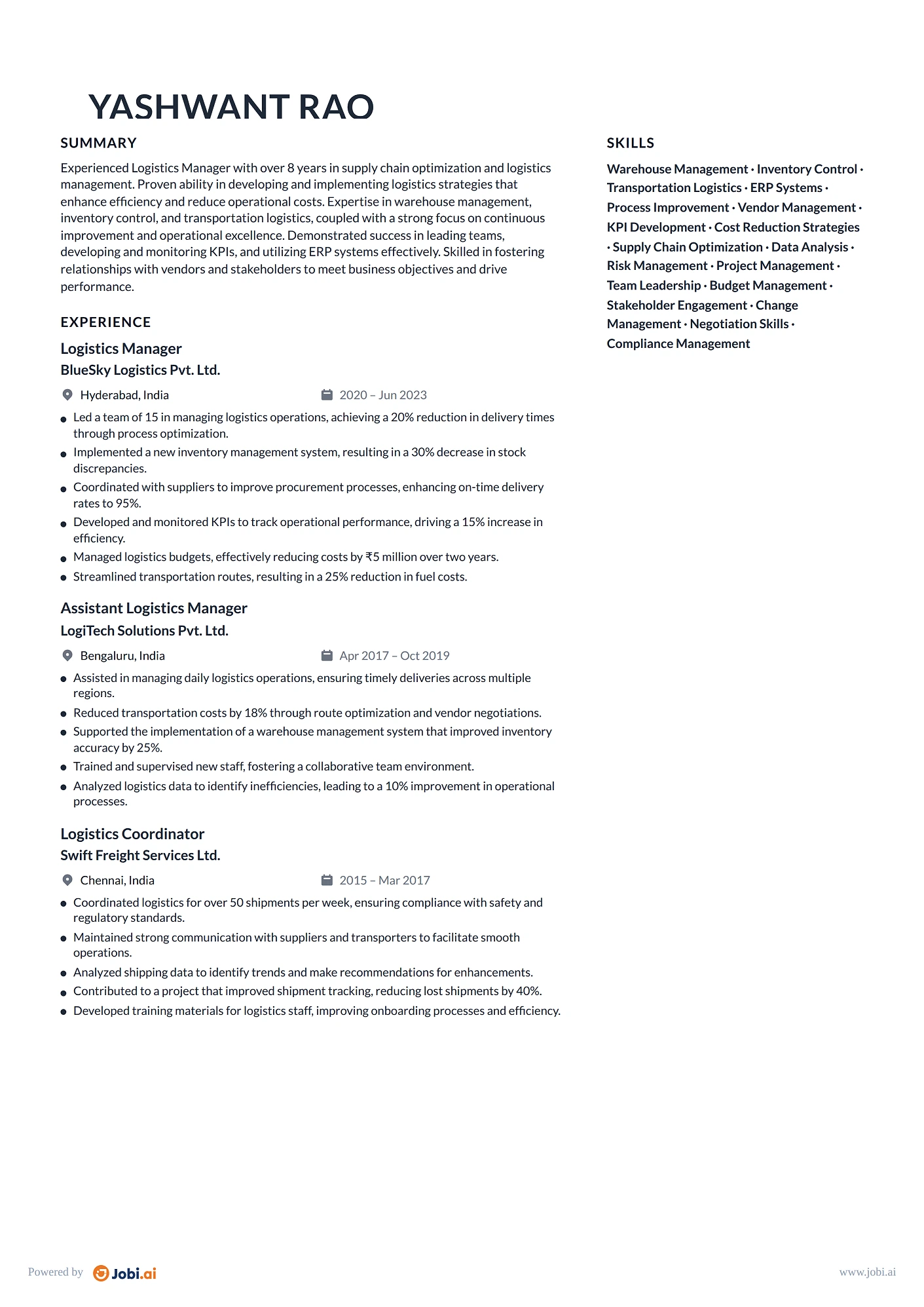 Supply Chain Manager resume example — Logistics Manager