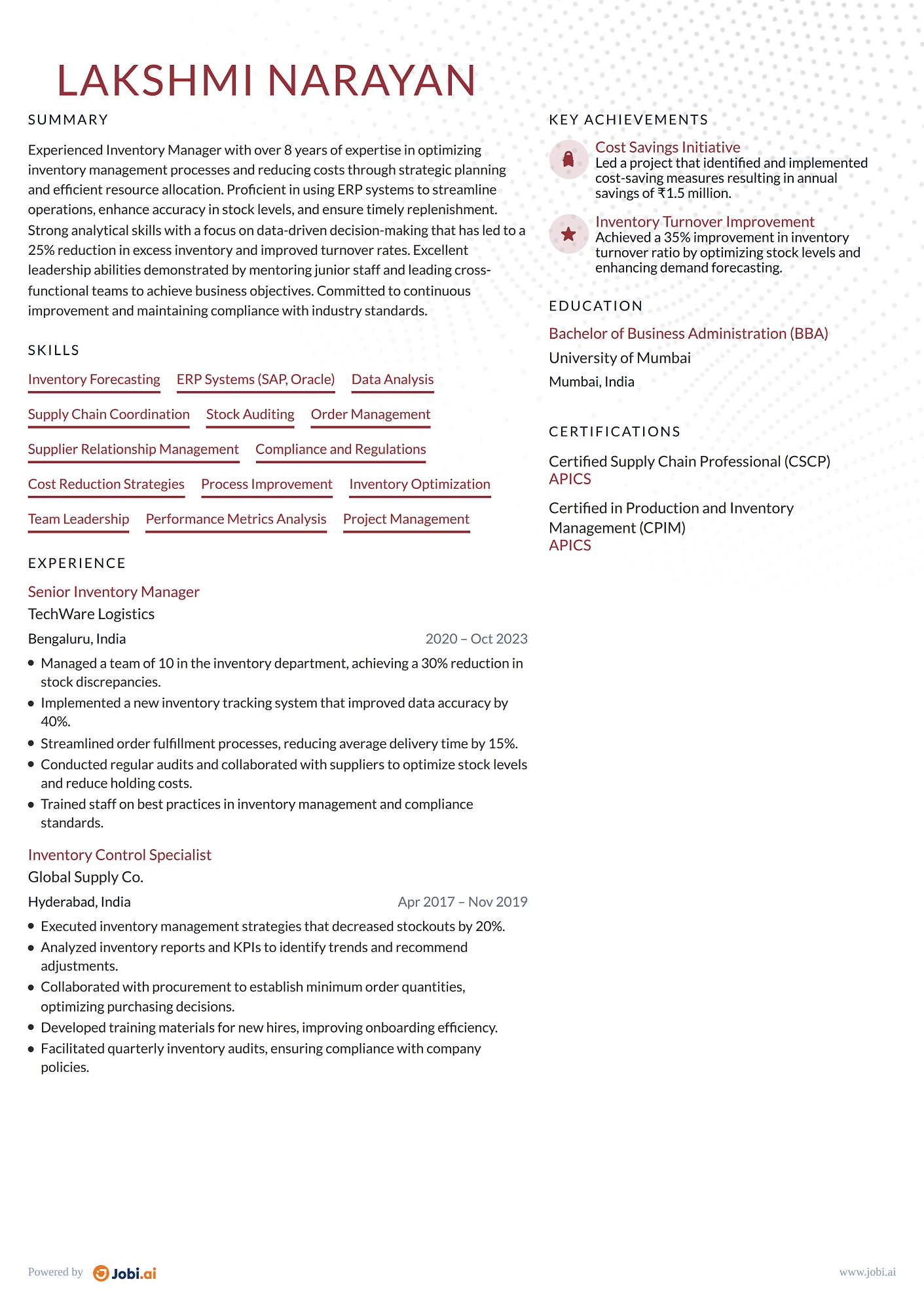 Supply Chain Manager resume example — Inventory Manager
