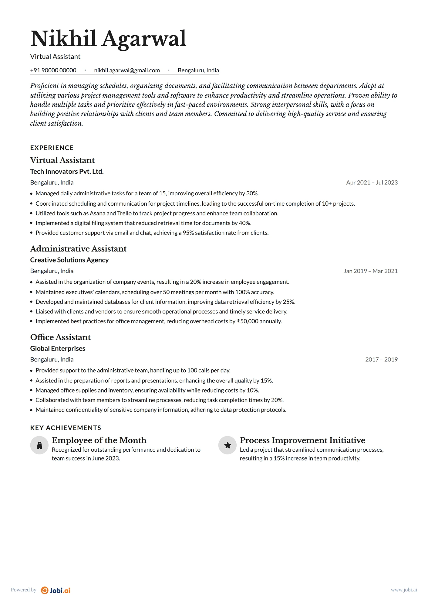 Administrative Assistant resume example — Virtual Assistant