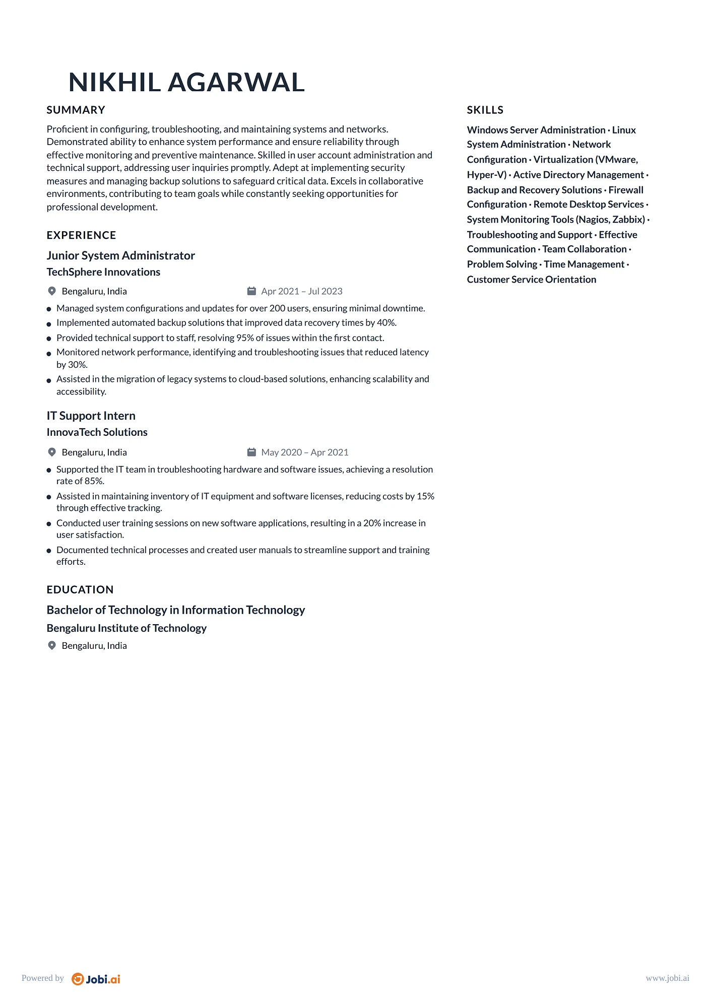 System Administrator resume example