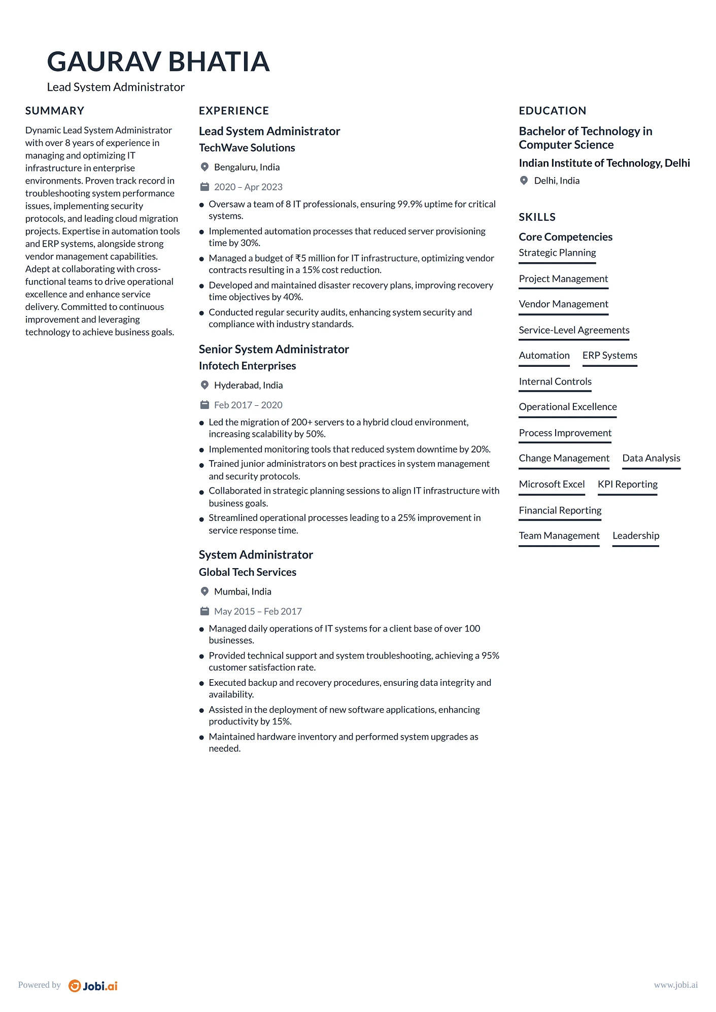 System Administrator resume example — Lead System Administrator