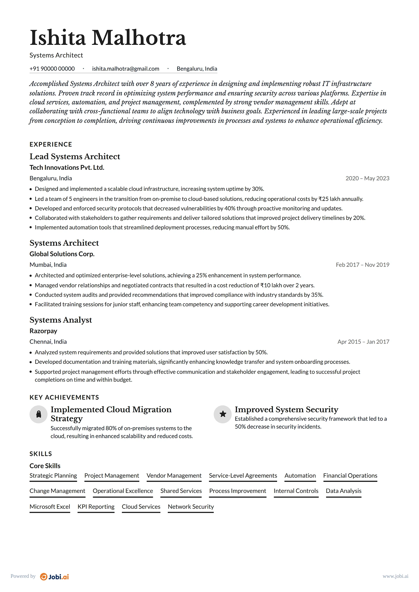System Administrator resume example — Systems Architect
