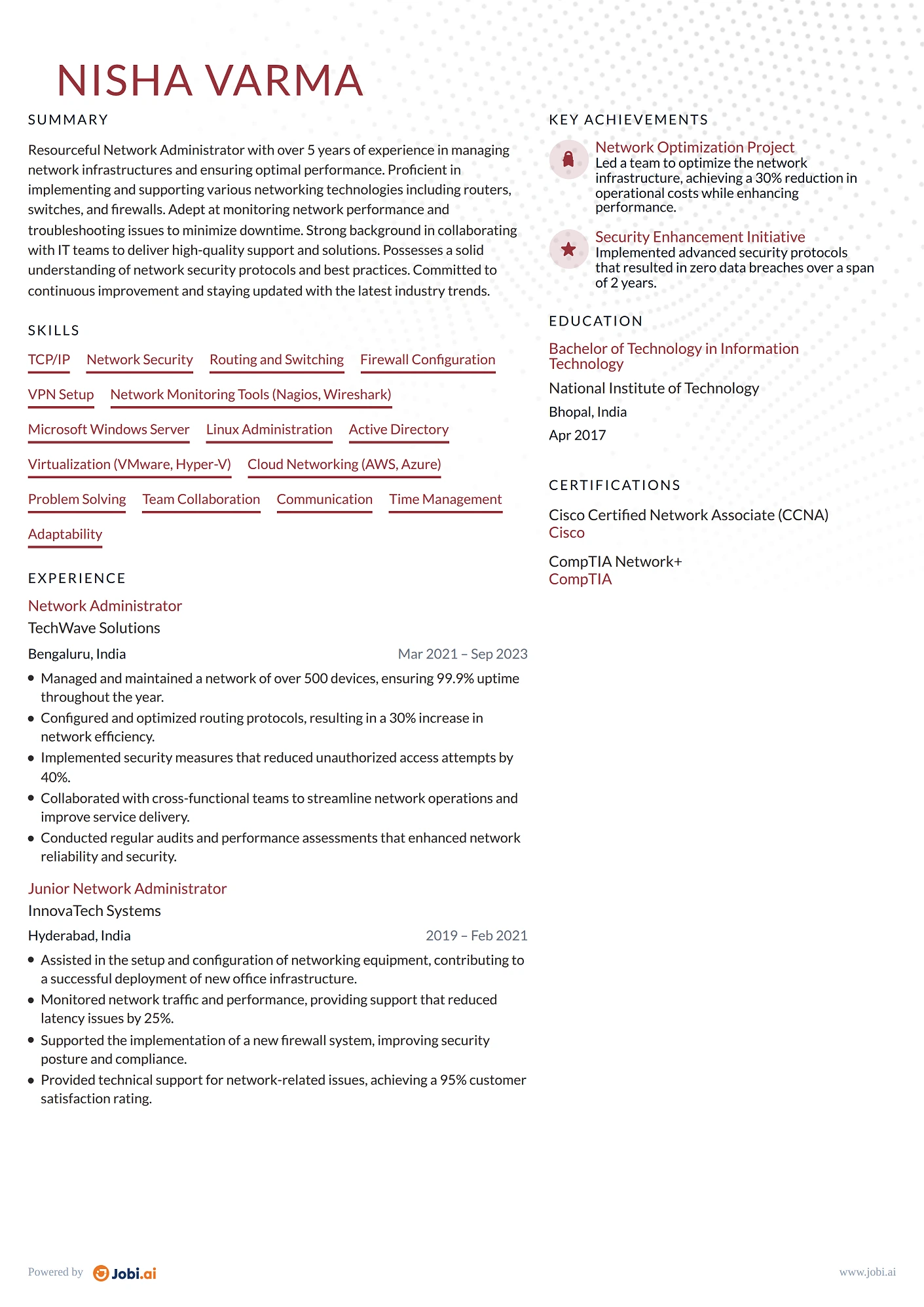 System Administrator resume example — Network Administrator