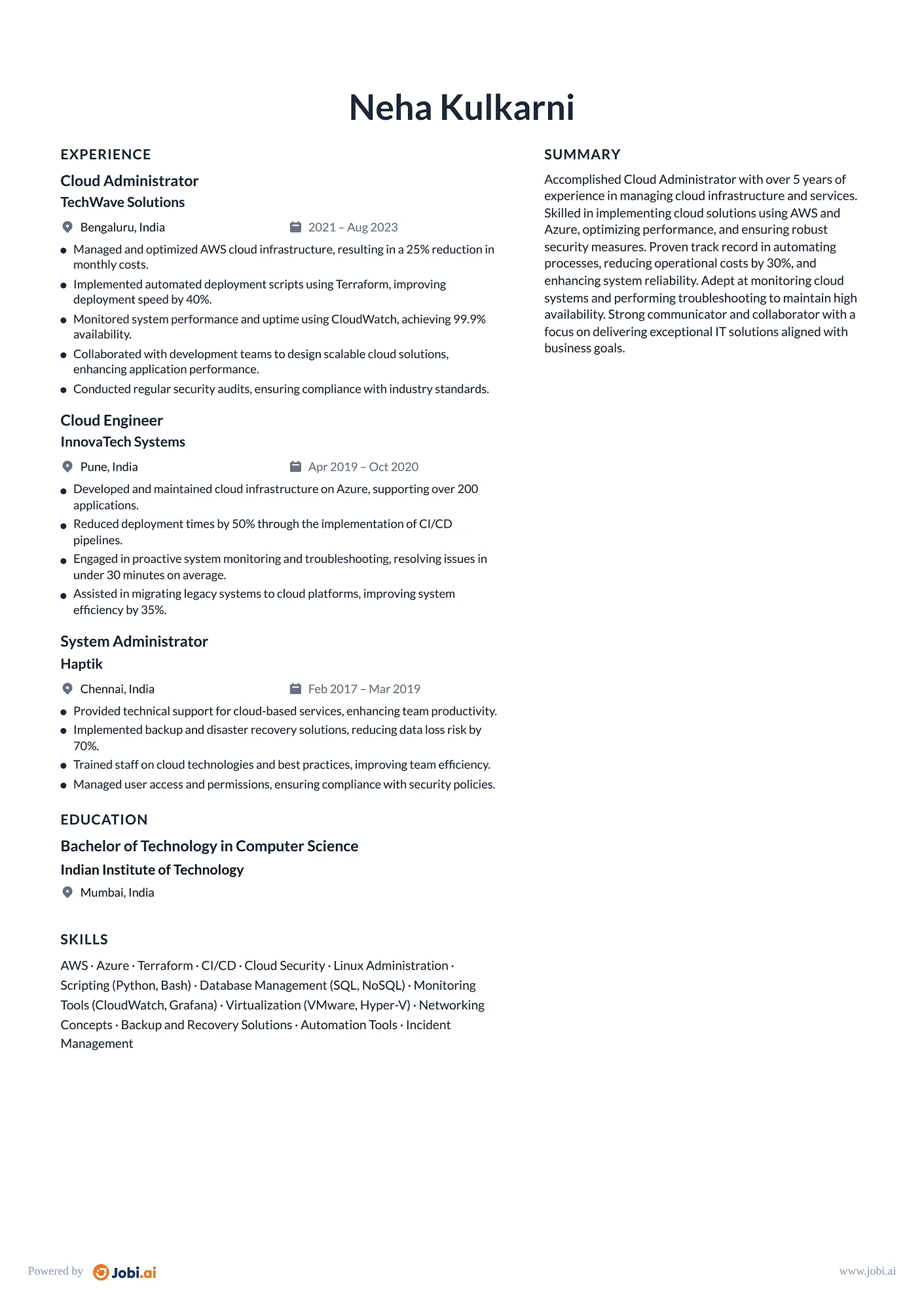 System Administrator resume example — Cloud Administrator