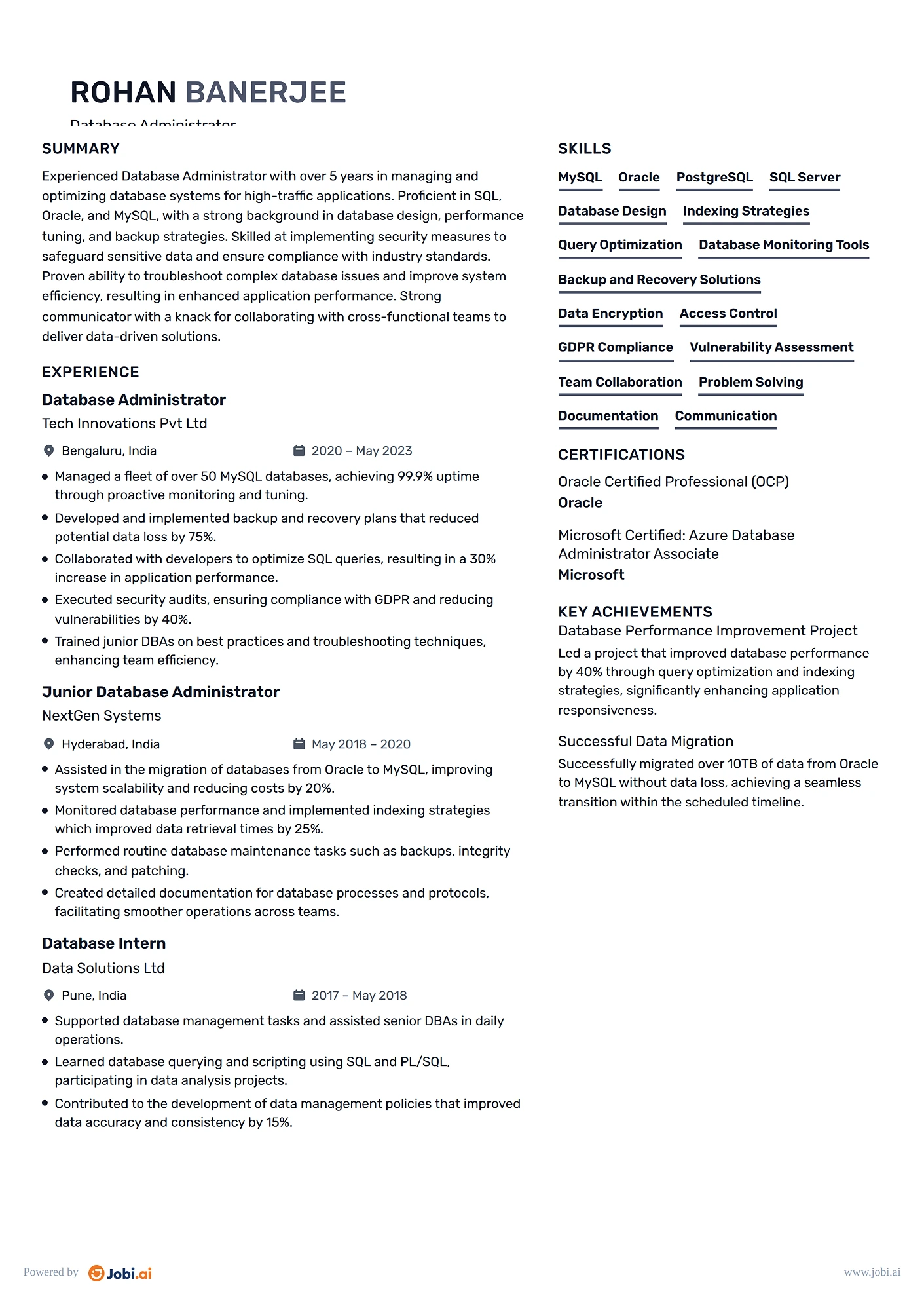 System Administrator resume example — Database Administrator