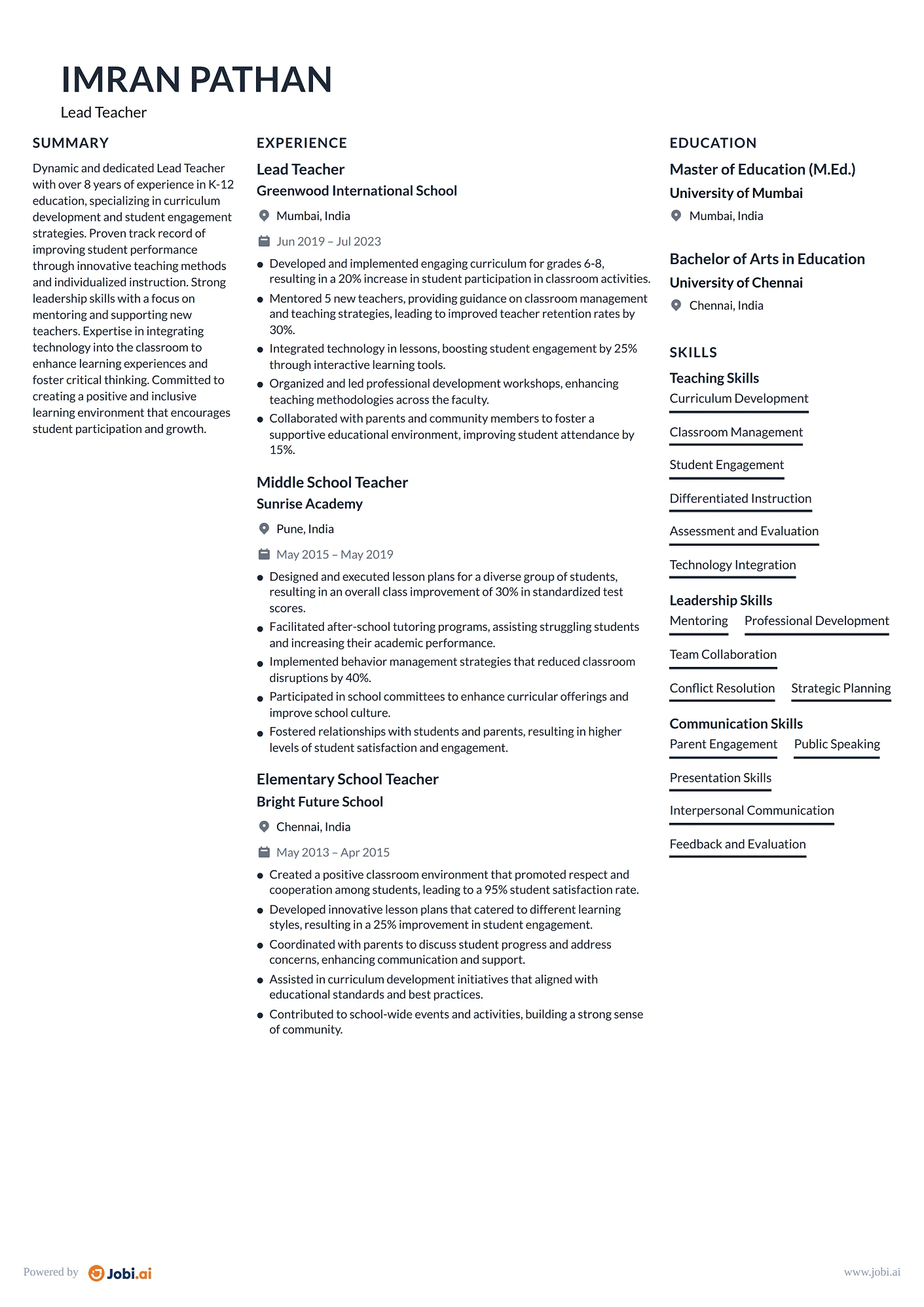 Teacher resume example — Lead Teacher