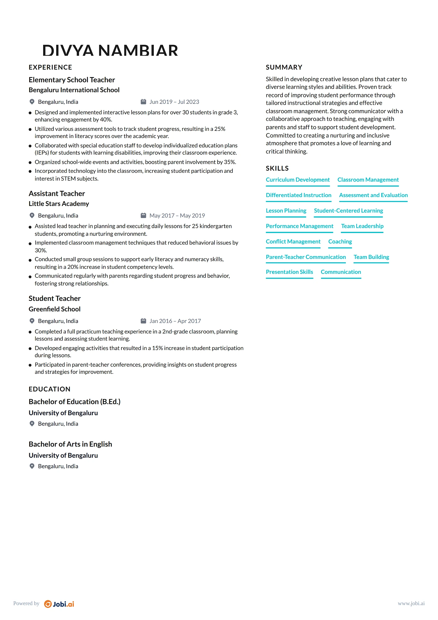 Teacher resume example — Elementary School Teacher
