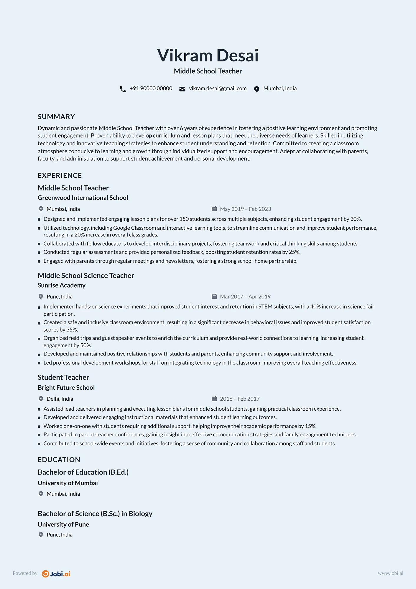 Teacher resume example — Middle School Teacher