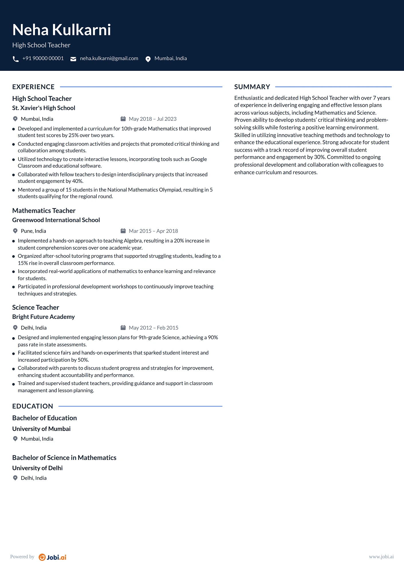 Teacher resume example — High School Teacher