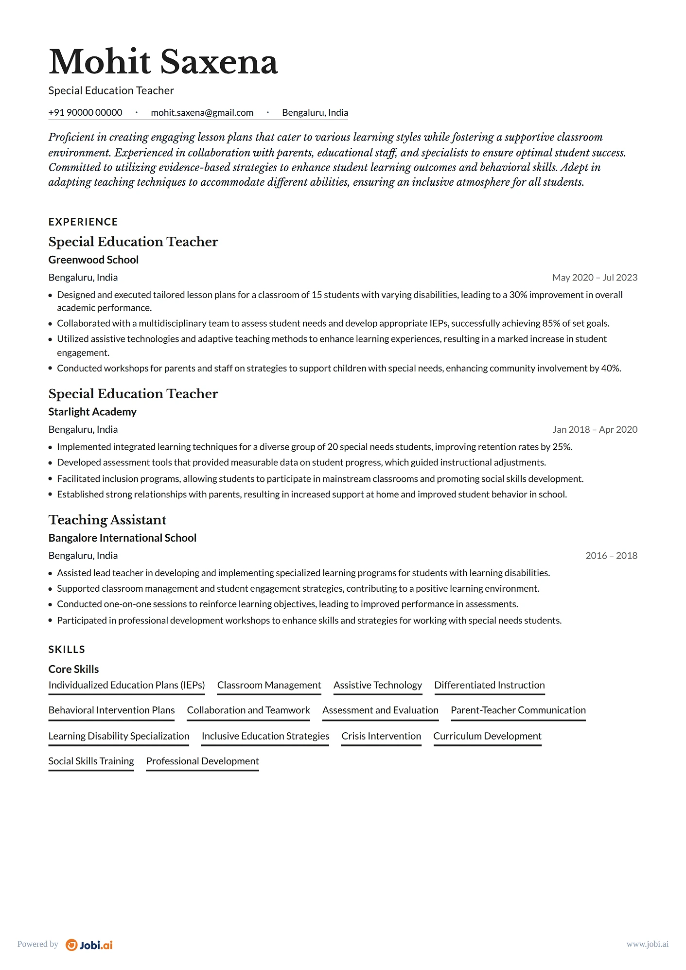 Teacher resume example — Special Education Teacher
