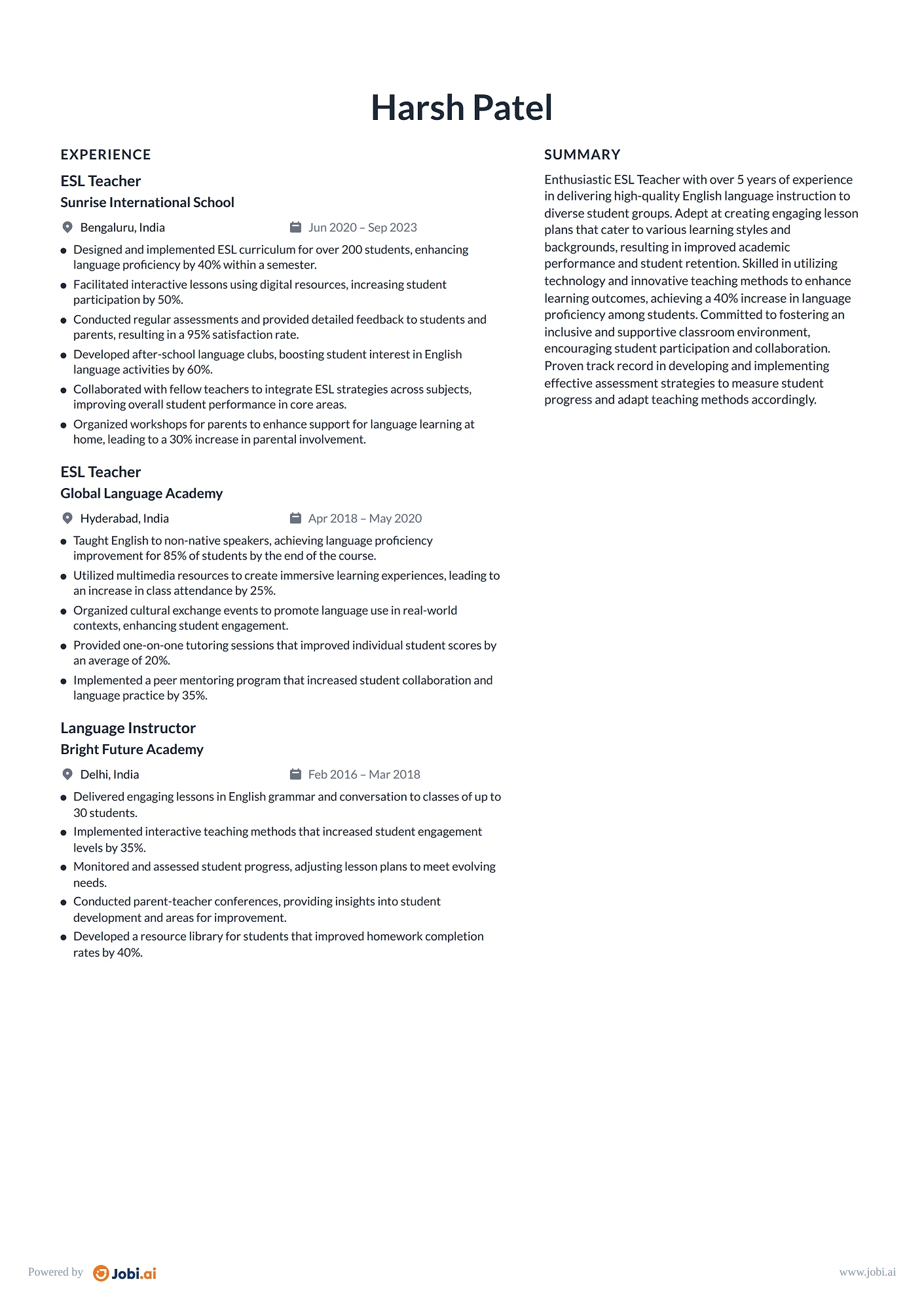 Teacher resume example — ESL Teacher