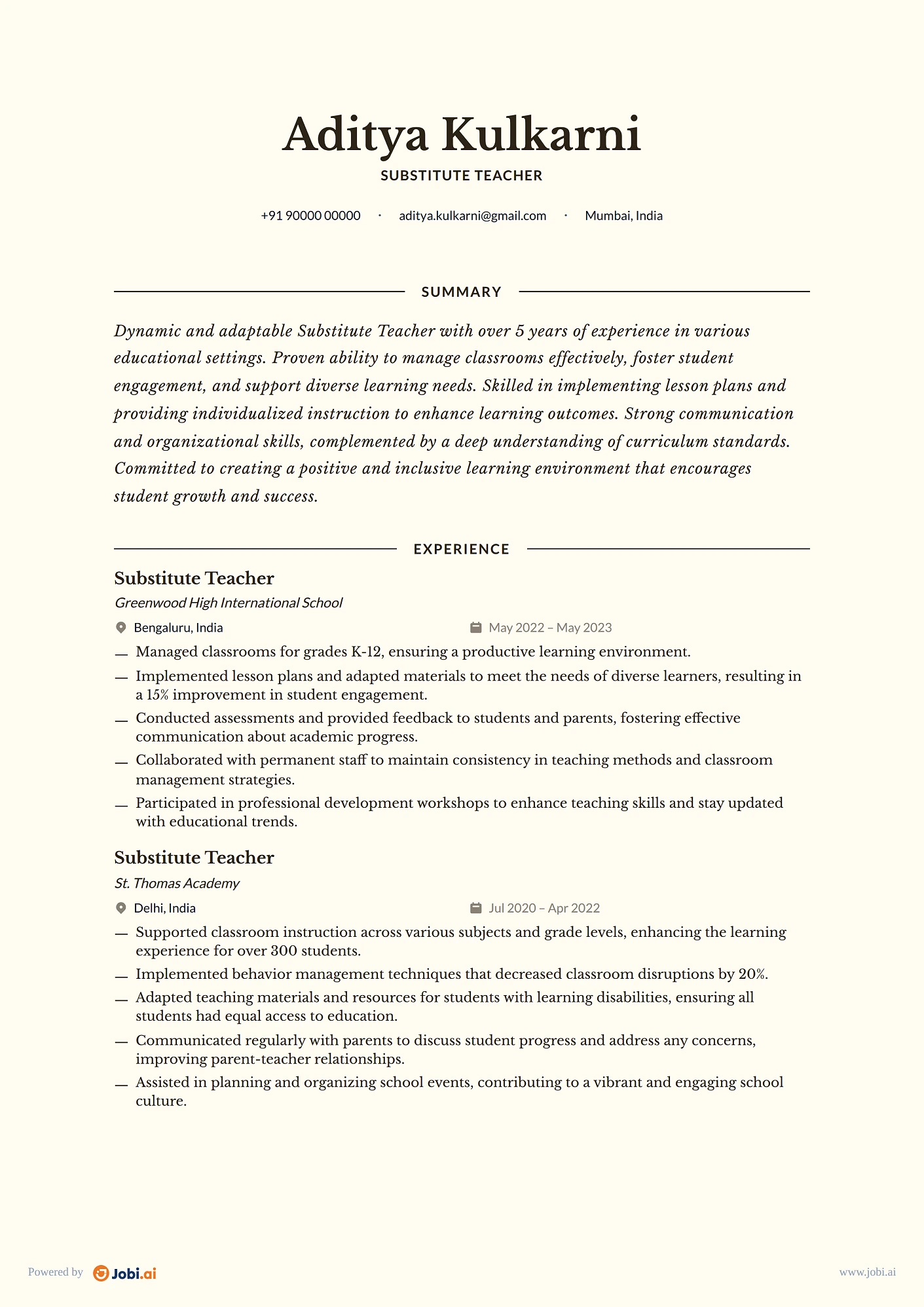 Teacher resume example — Substitute Teacher
