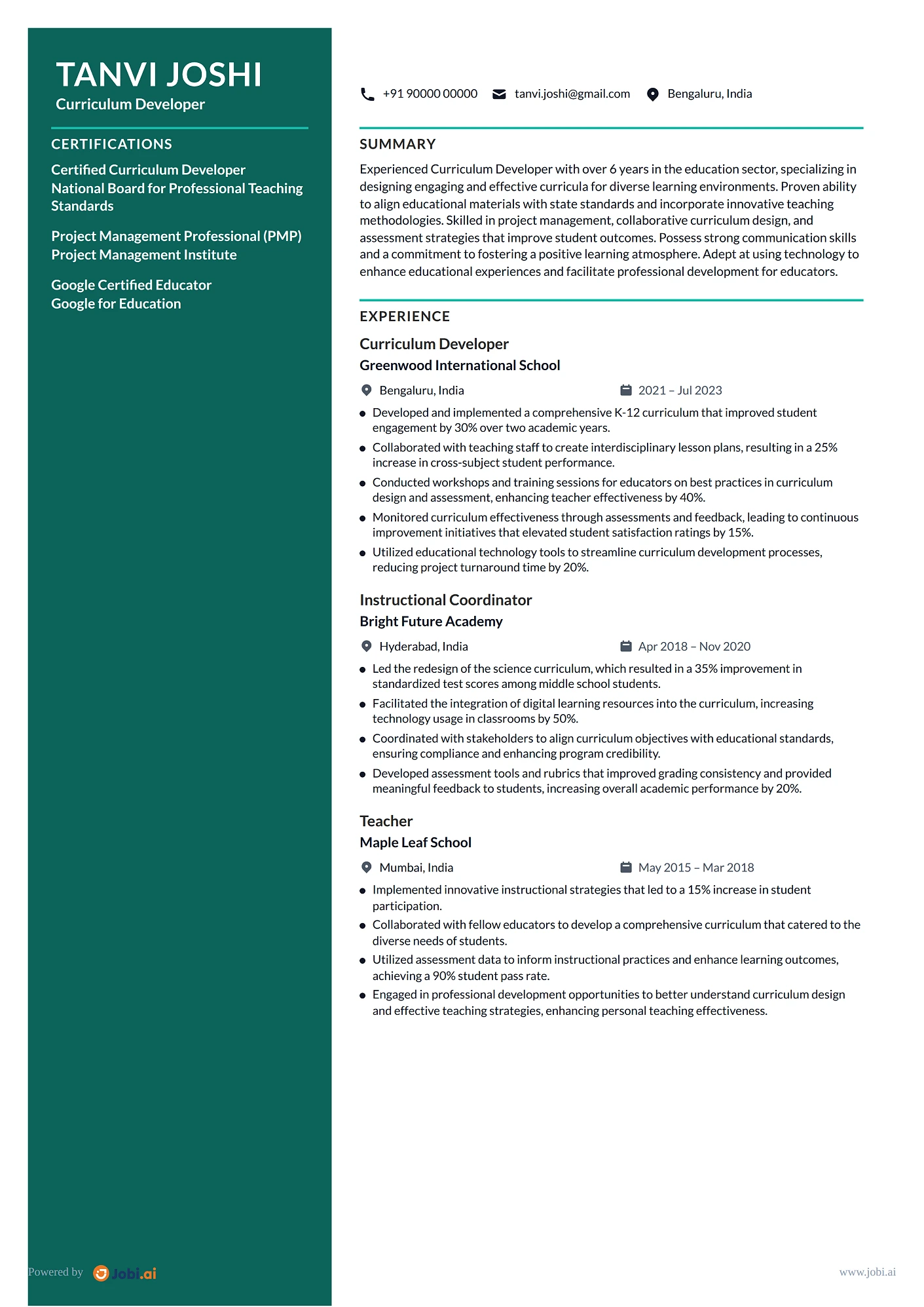 Teacher resume example — Curriculum Developer