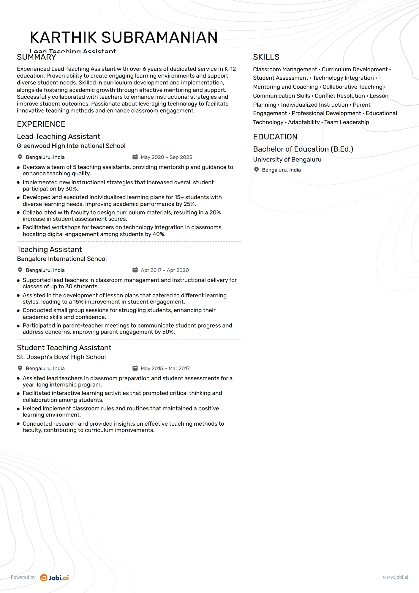 Teaching Assistant resume example — Lead Teaching Assistant