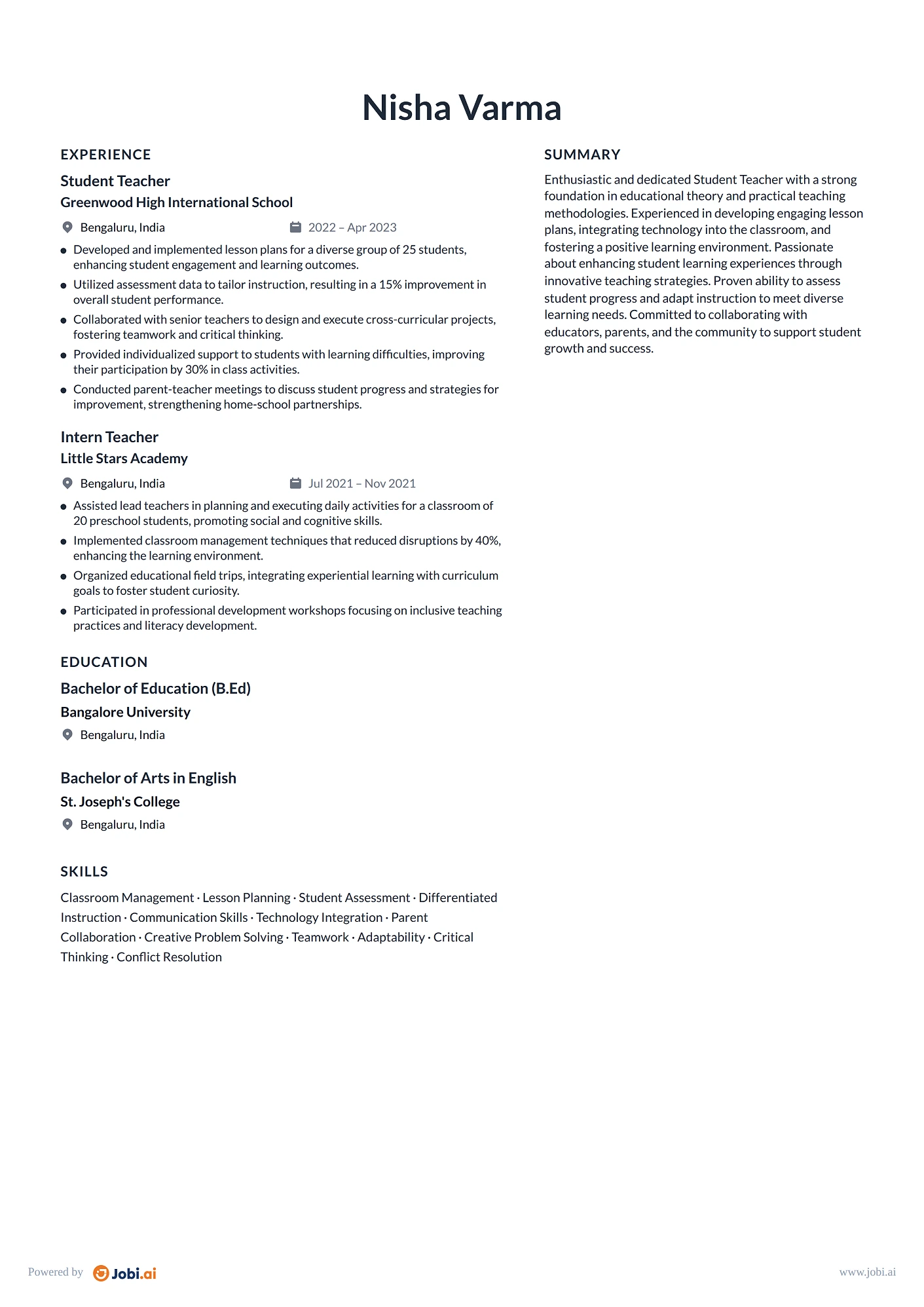 Teaching Assistant resume example — Student Teacher