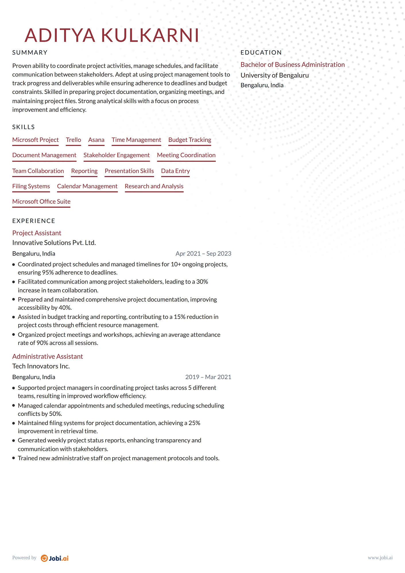 Administrative Assistant resume example — Project Assistant