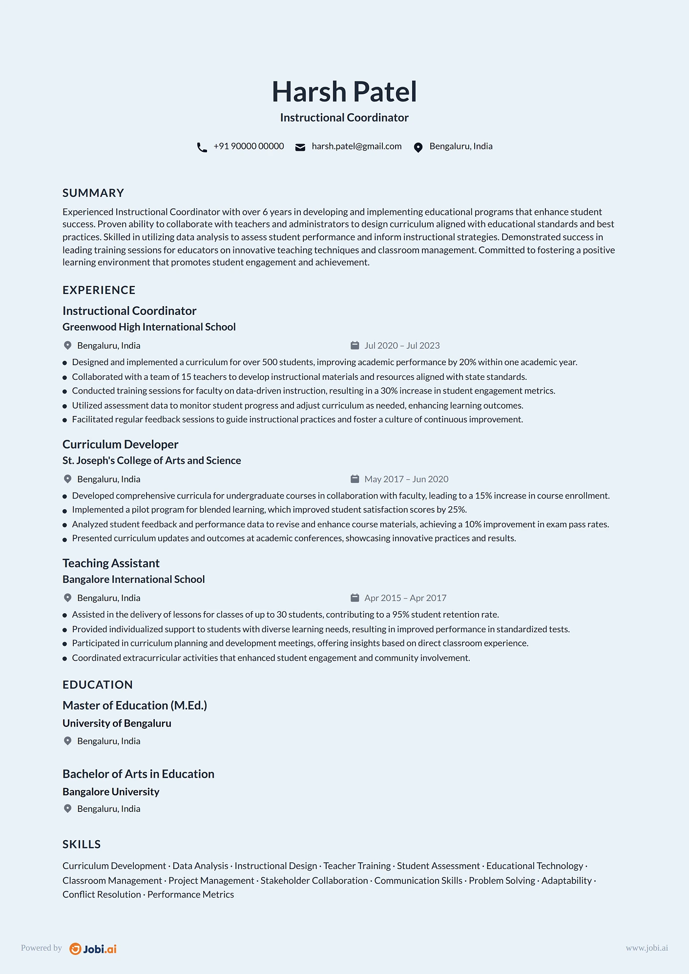 Teaching Assistant resume example — Instructional Coordinator
