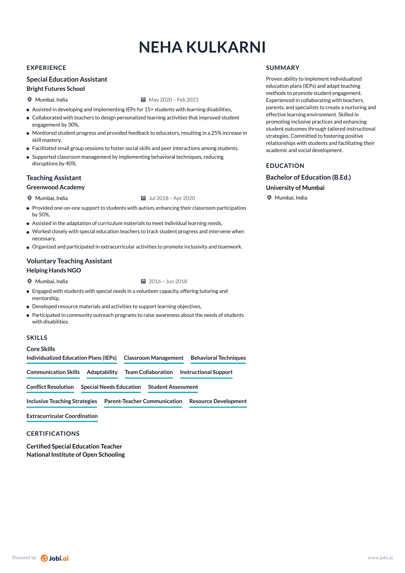 Teaching Assistant resume example — Special Education Assistant