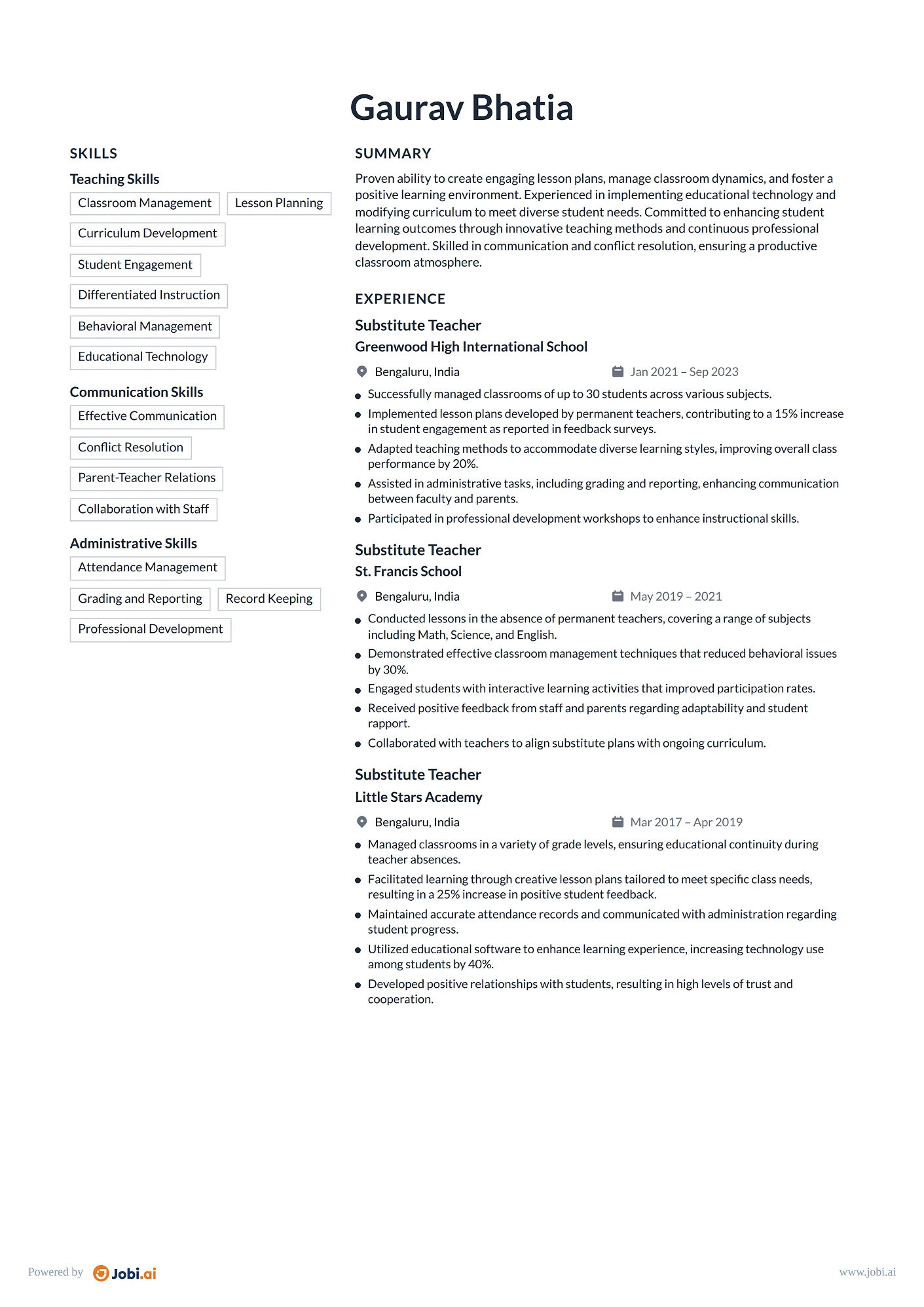 Teaching Assistant resume example — Substitute Teacher
