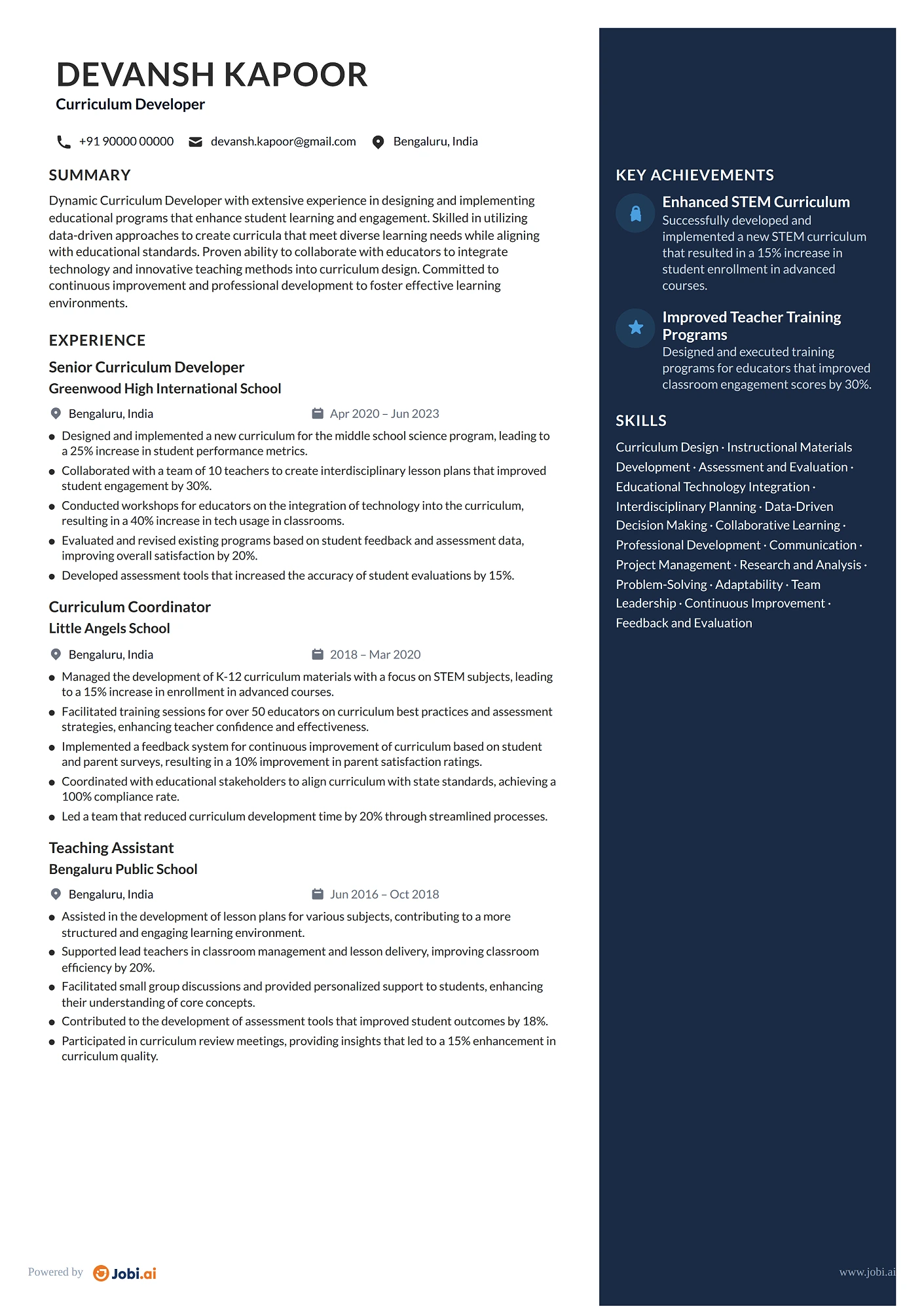Teaching Assistant resume example — Curriculum Developer