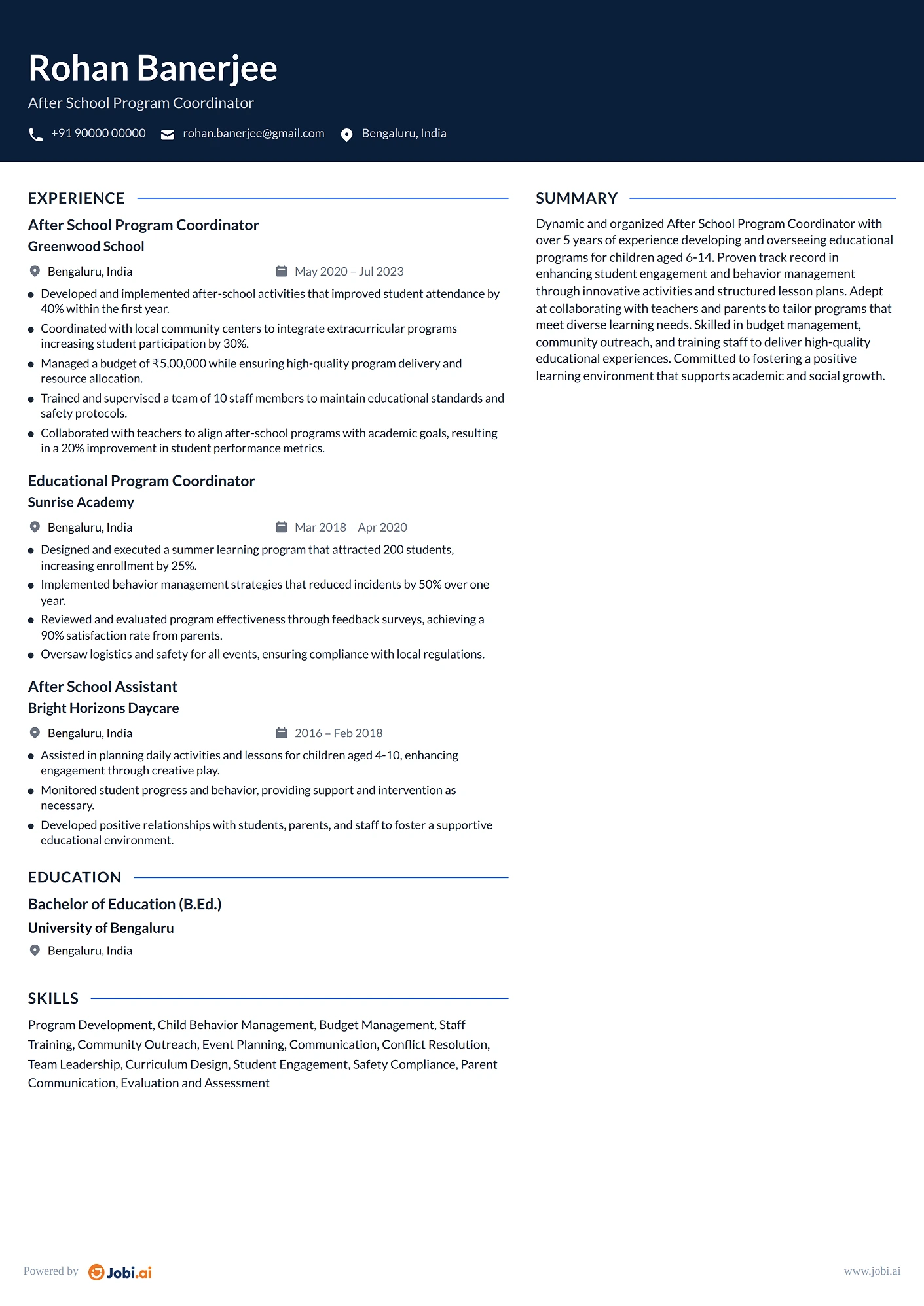 Teaching Assistant resume example — After School Program Coordinator