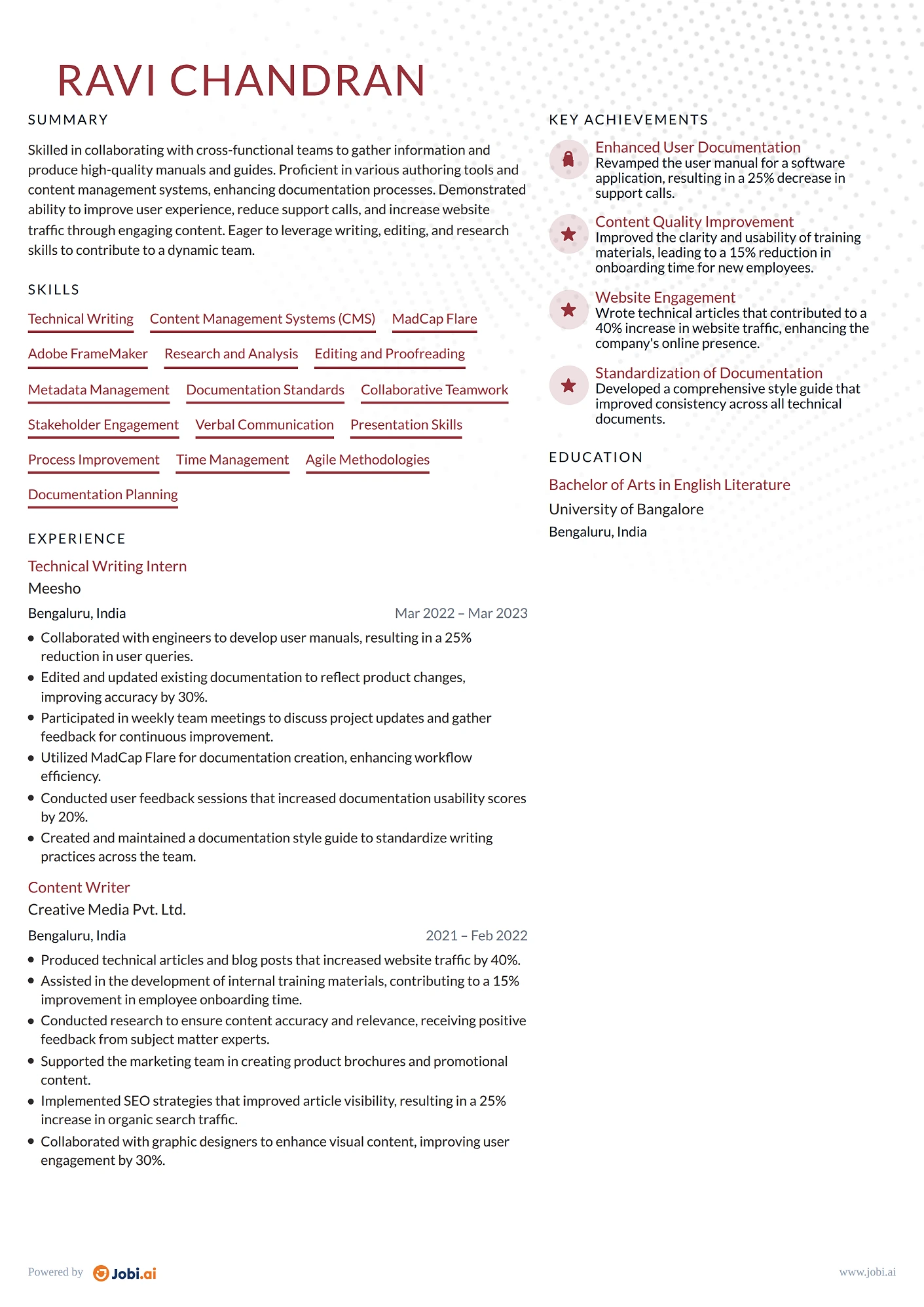 Technical Writer resume example — Junior Technical Writer