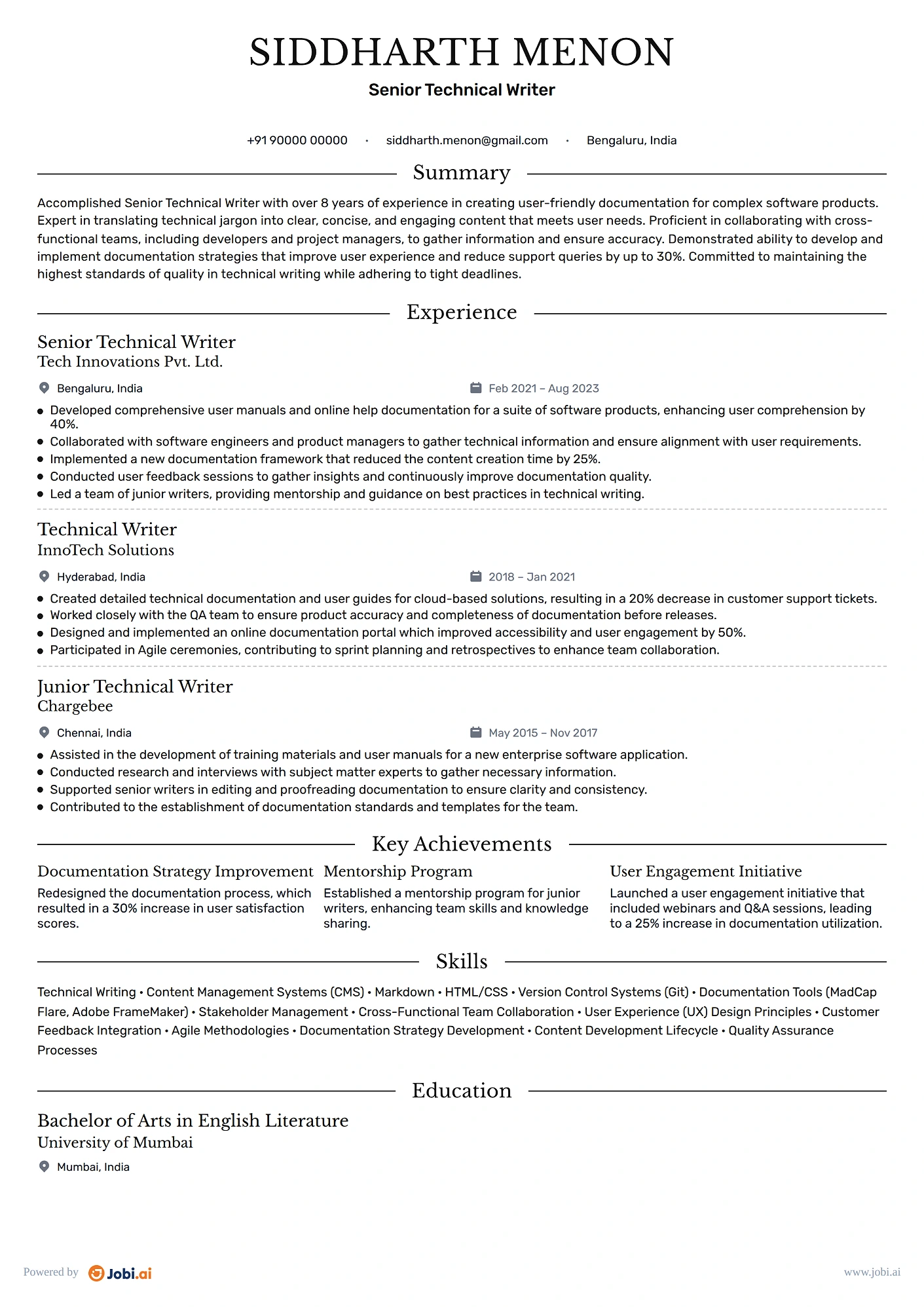 Technical Writer resume example — Senior Technical Writer