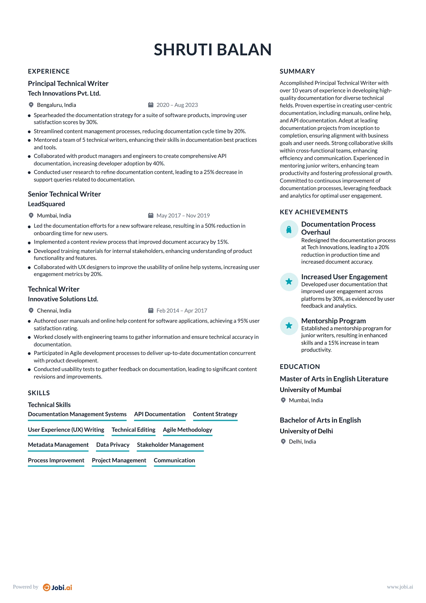 Technical Writer resume example — Principal Technical Writer