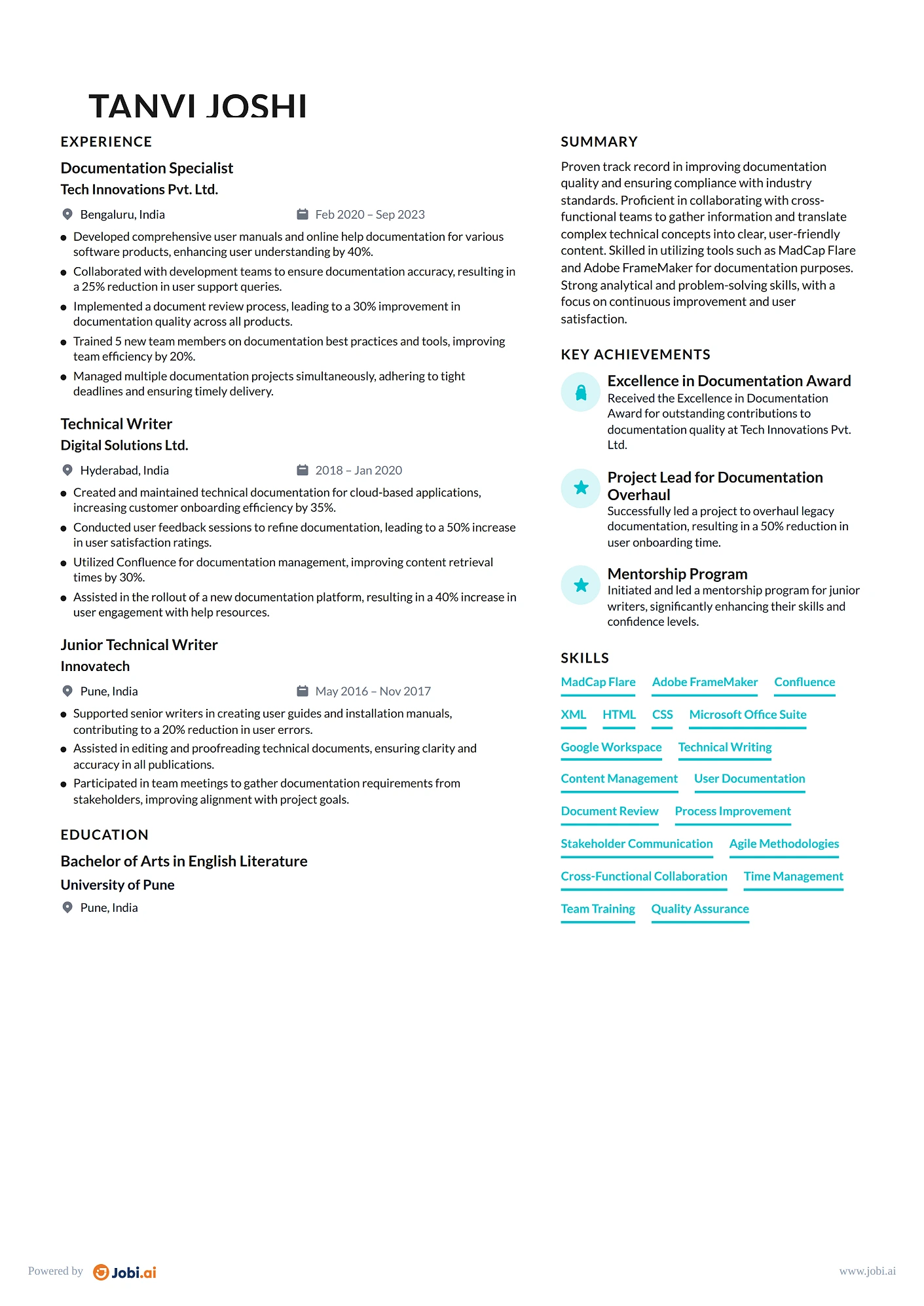 Technical Writer resume example — Documentation Specialist
