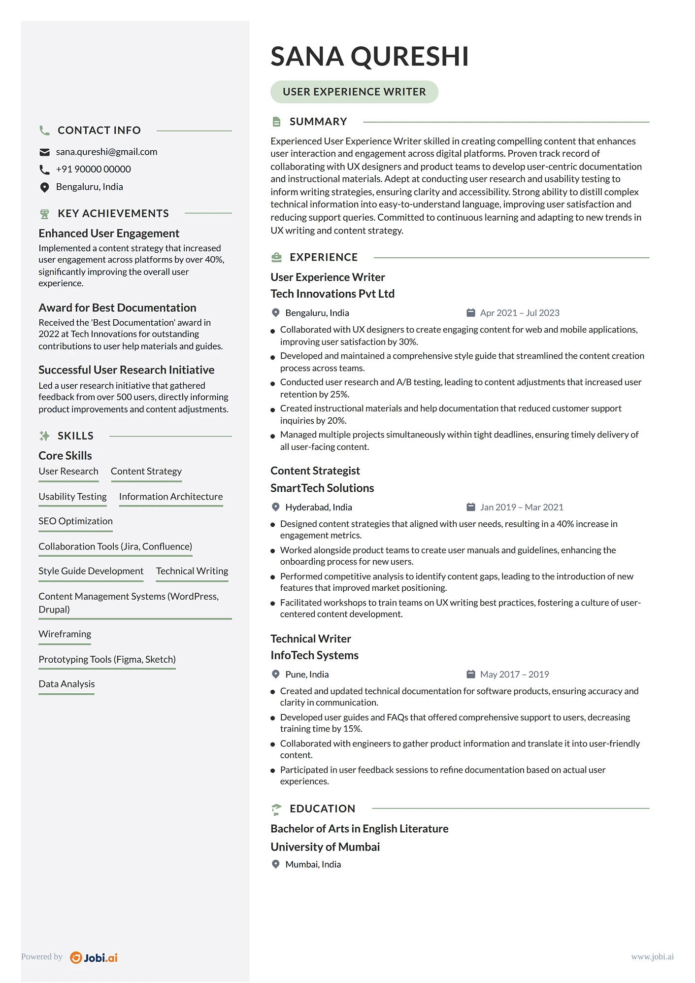 Technical Writer resume example — User Experience Writer