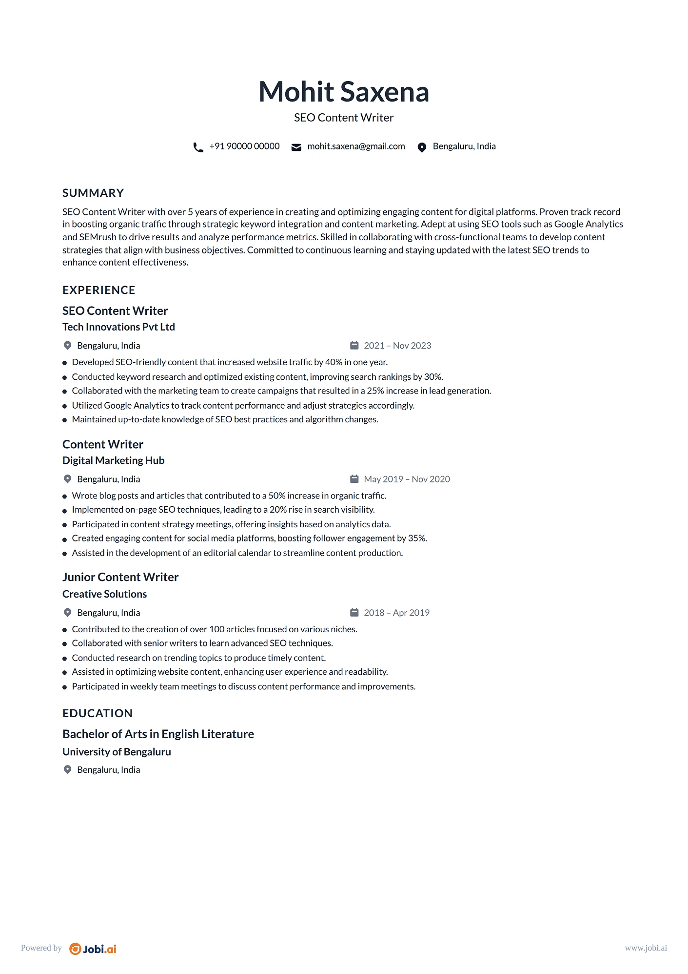 Technical Writer resume example — SEO Content Writer