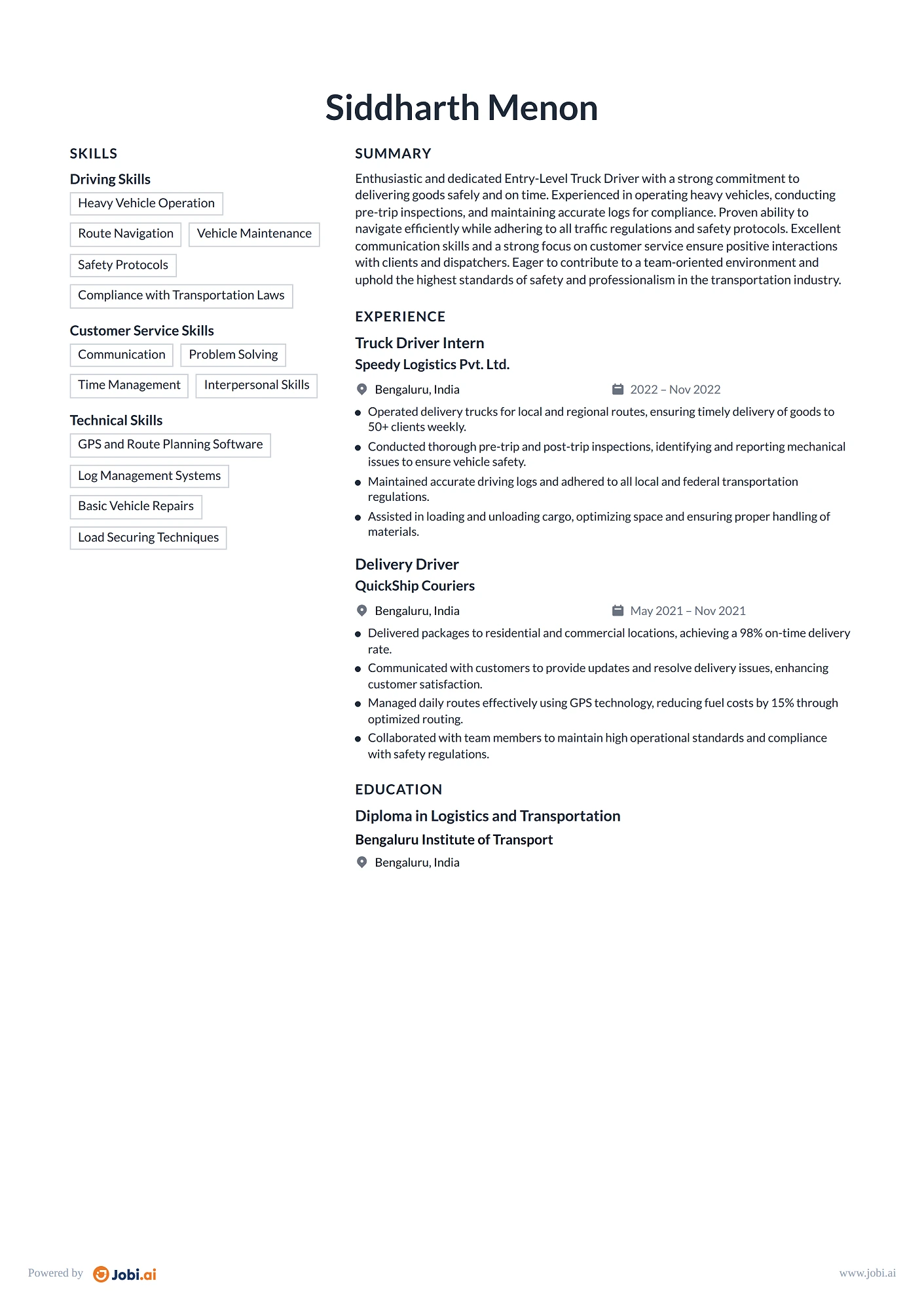 Truck Driver resume example — Entry-Level Truck Driver