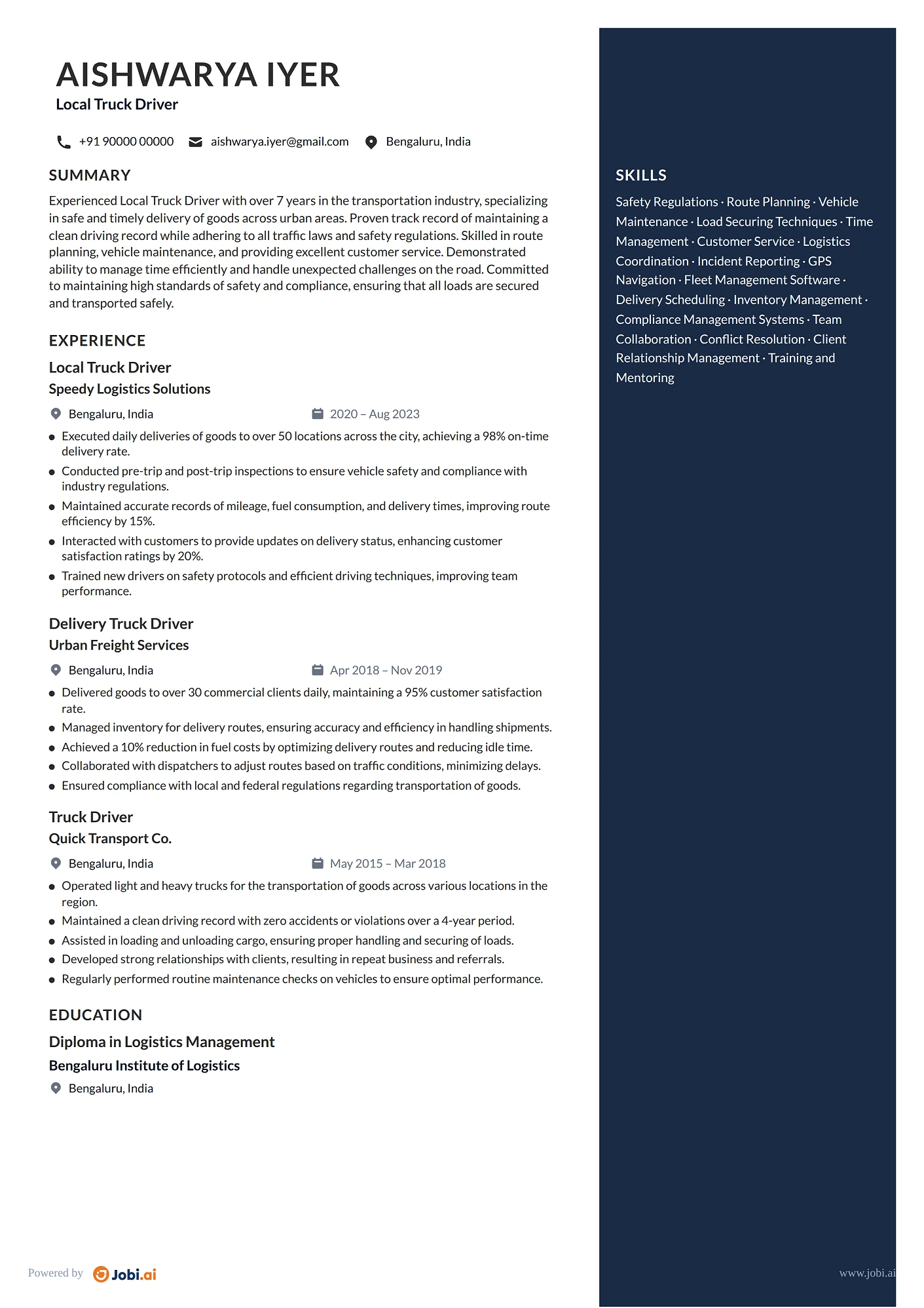 Truck Driver resume example — Local Truck Driver