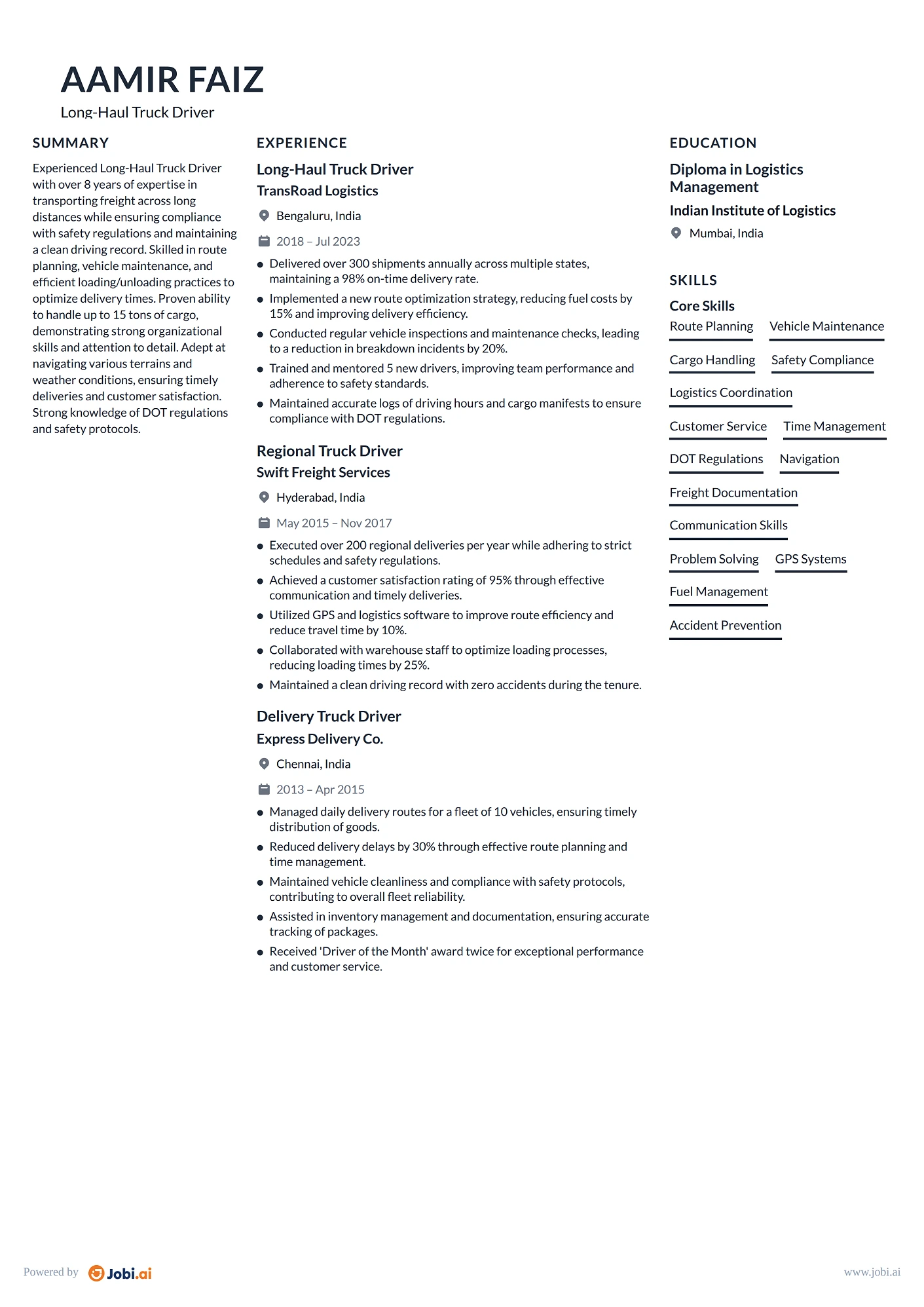 Truck Driver resume example — Long-Haul Truck Driver