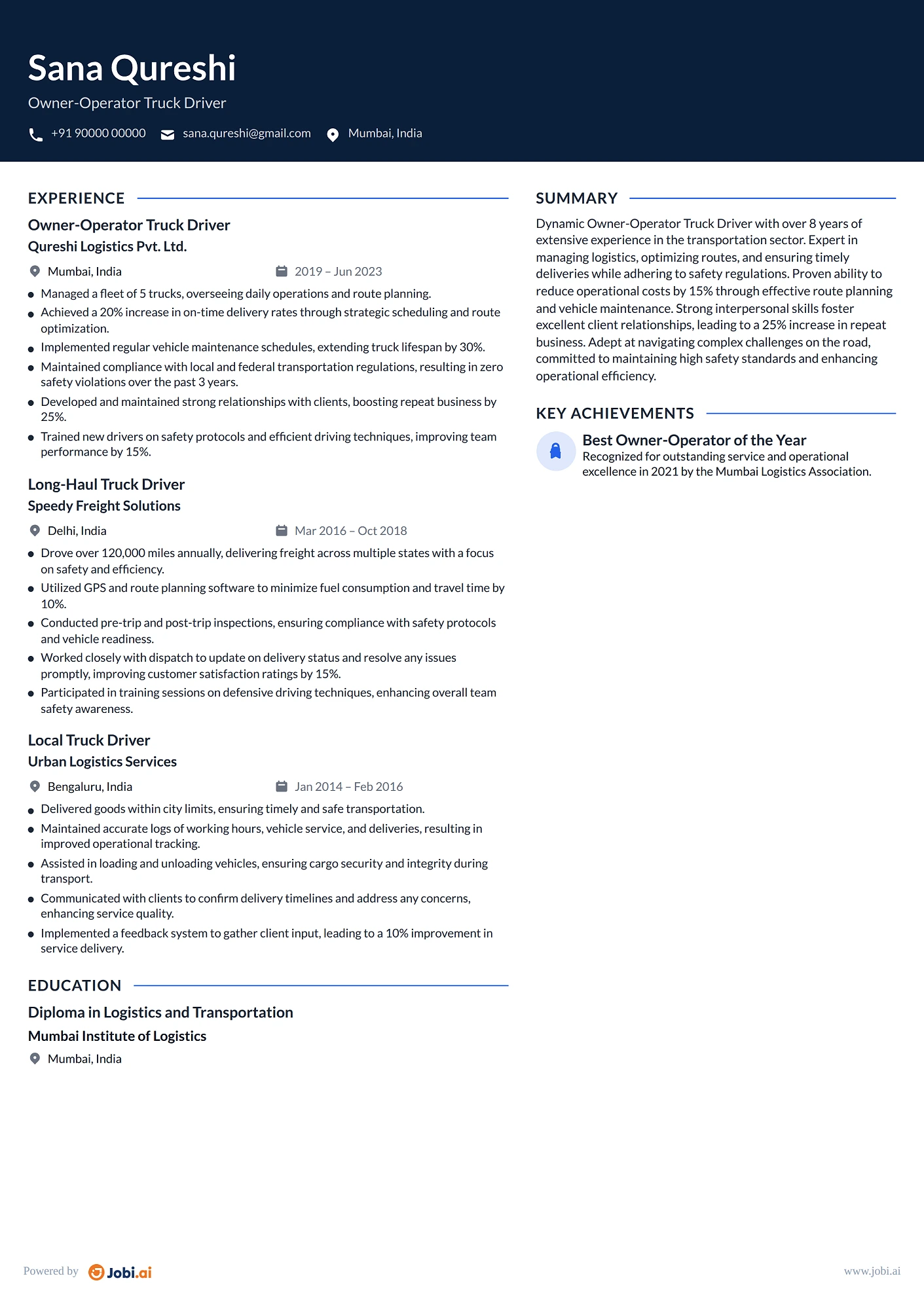 Truck Driver resume example — Owner-Operator Truck Driver