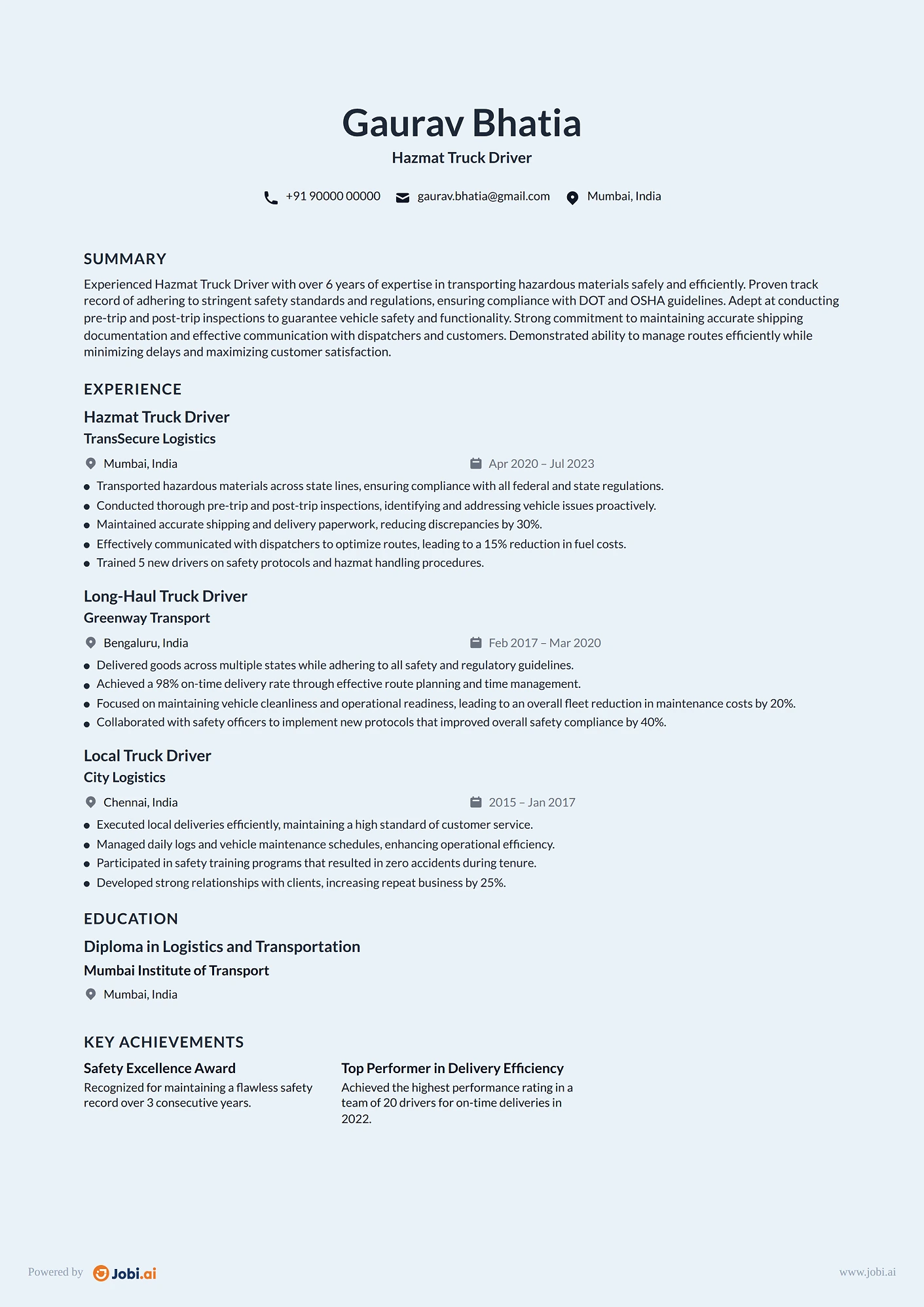 Truck Driver resume example — Hazmat Truck Driver