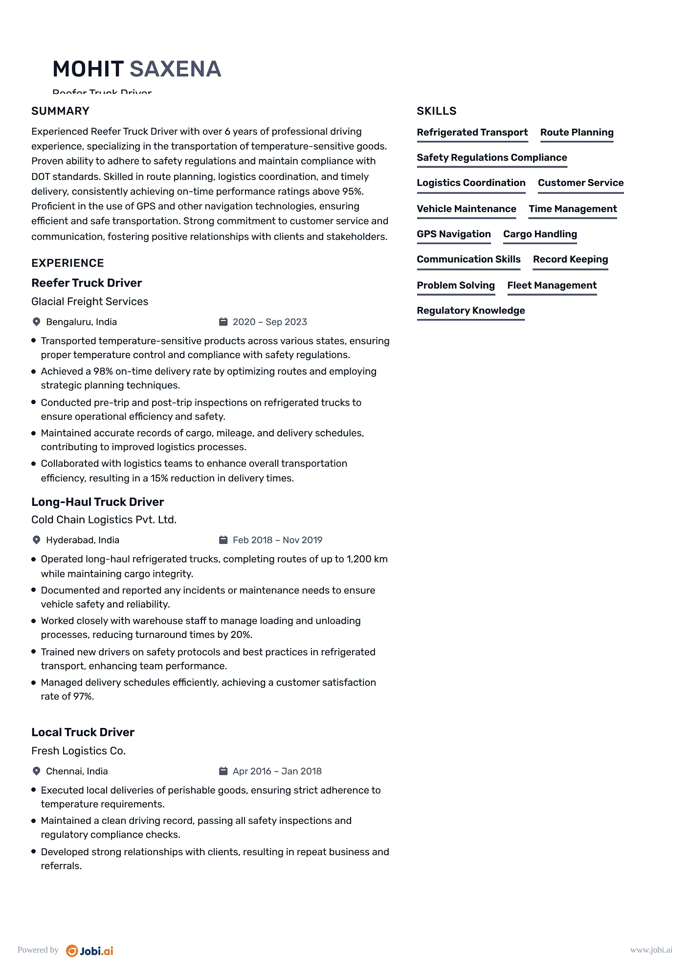 Truck Driver resume example — Reefer Truck Driver
