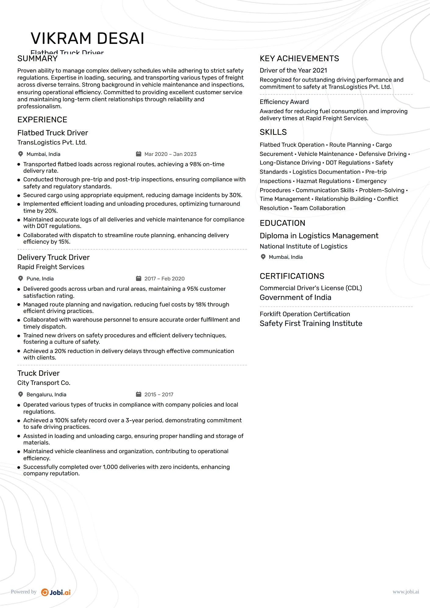 Truck Driver resume example — Flatbed Truck Driver