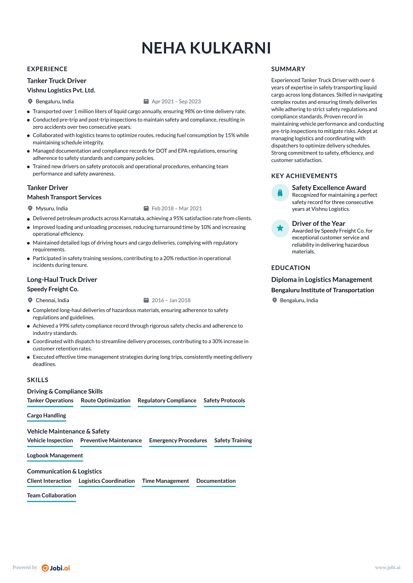 Truck Driver resume example — Tanker Truck Driver
