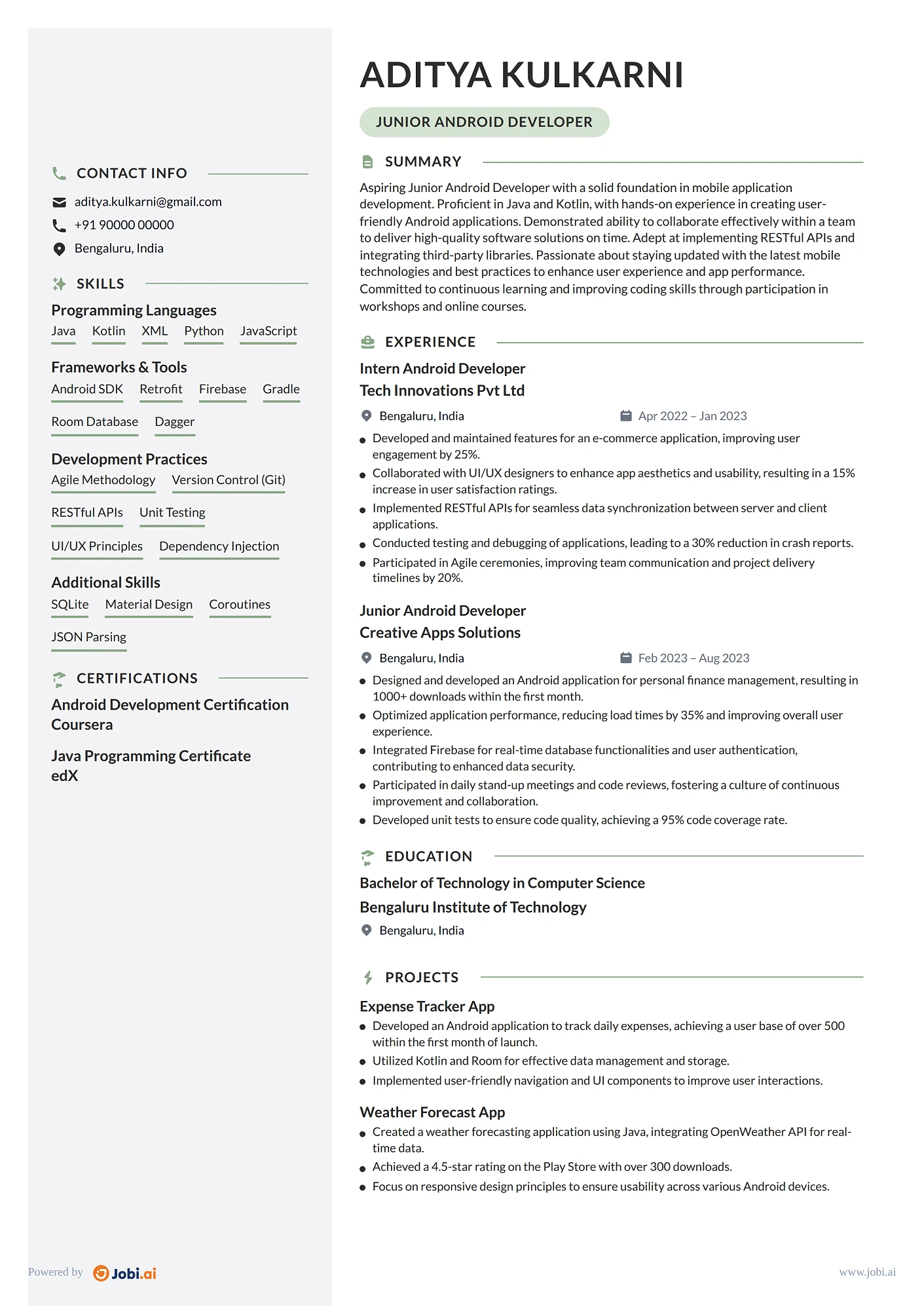 Android Developer resume example — Junior Android Developer