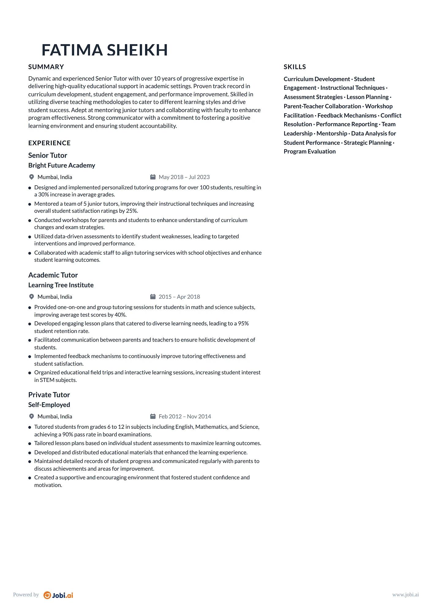 Tutor resume example — Senior Tutor