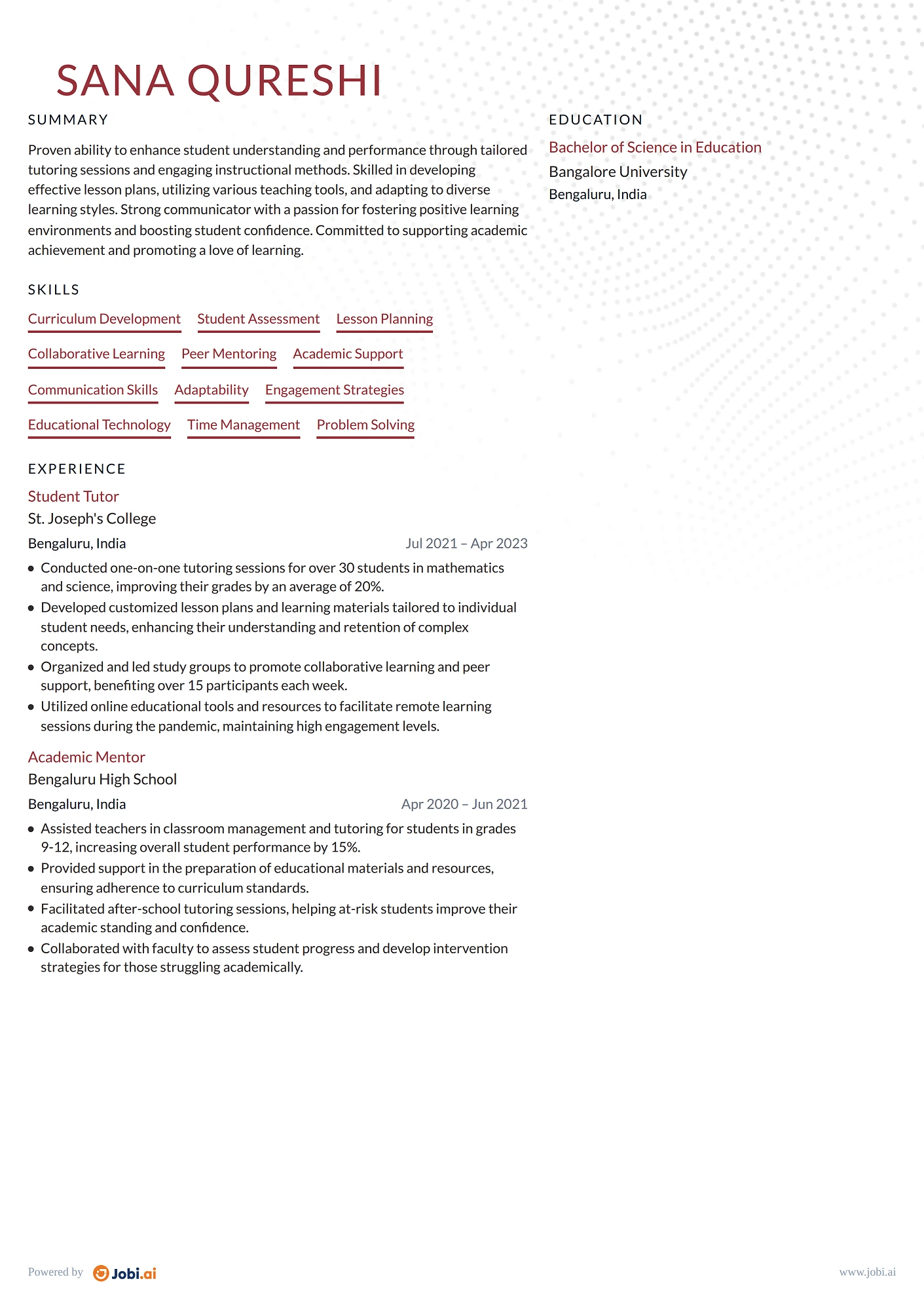 Tutor resume example — Student Tutor